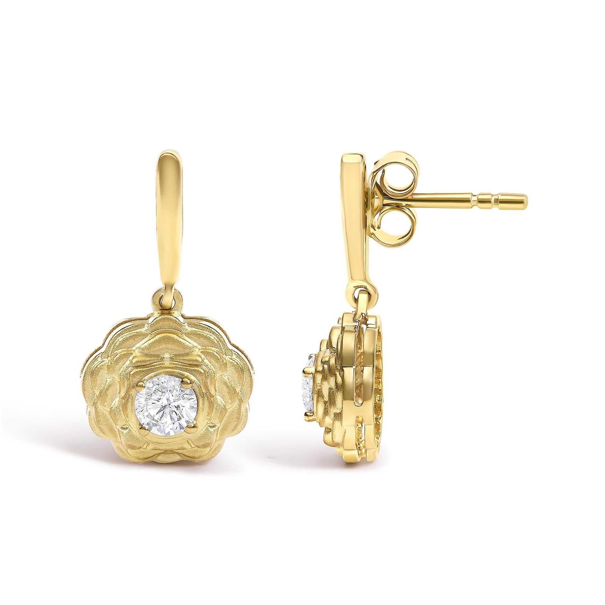 14K Yellow Gold Plated Sterling Silver 5/8 Cttw Lab Grown Diamond Flower Drop Earrings-3
