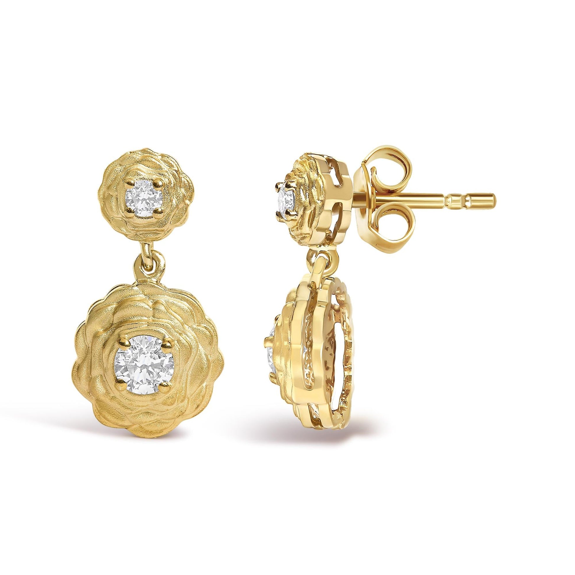 14K Yellow Gold Plated Sterling Silver 1/2 Cttw Lab Grown Diamond Rose Motif Drop Earrings-3