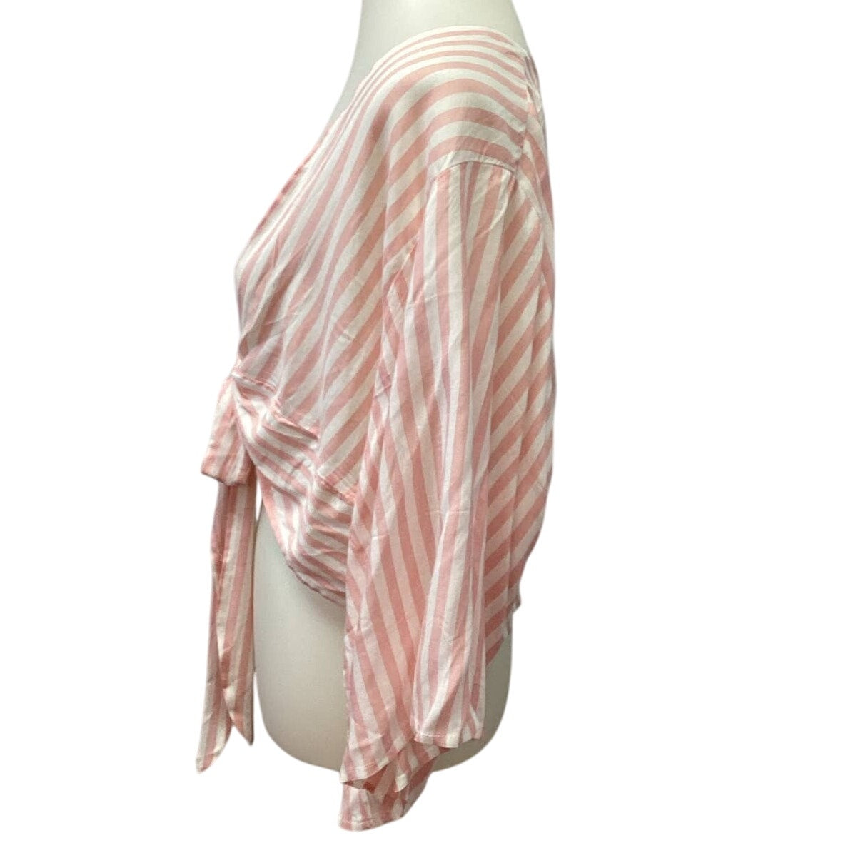 Cute Womens Medium Striped Long Flowy Sleeve 100% Viscose Front Tie Blouse Top
