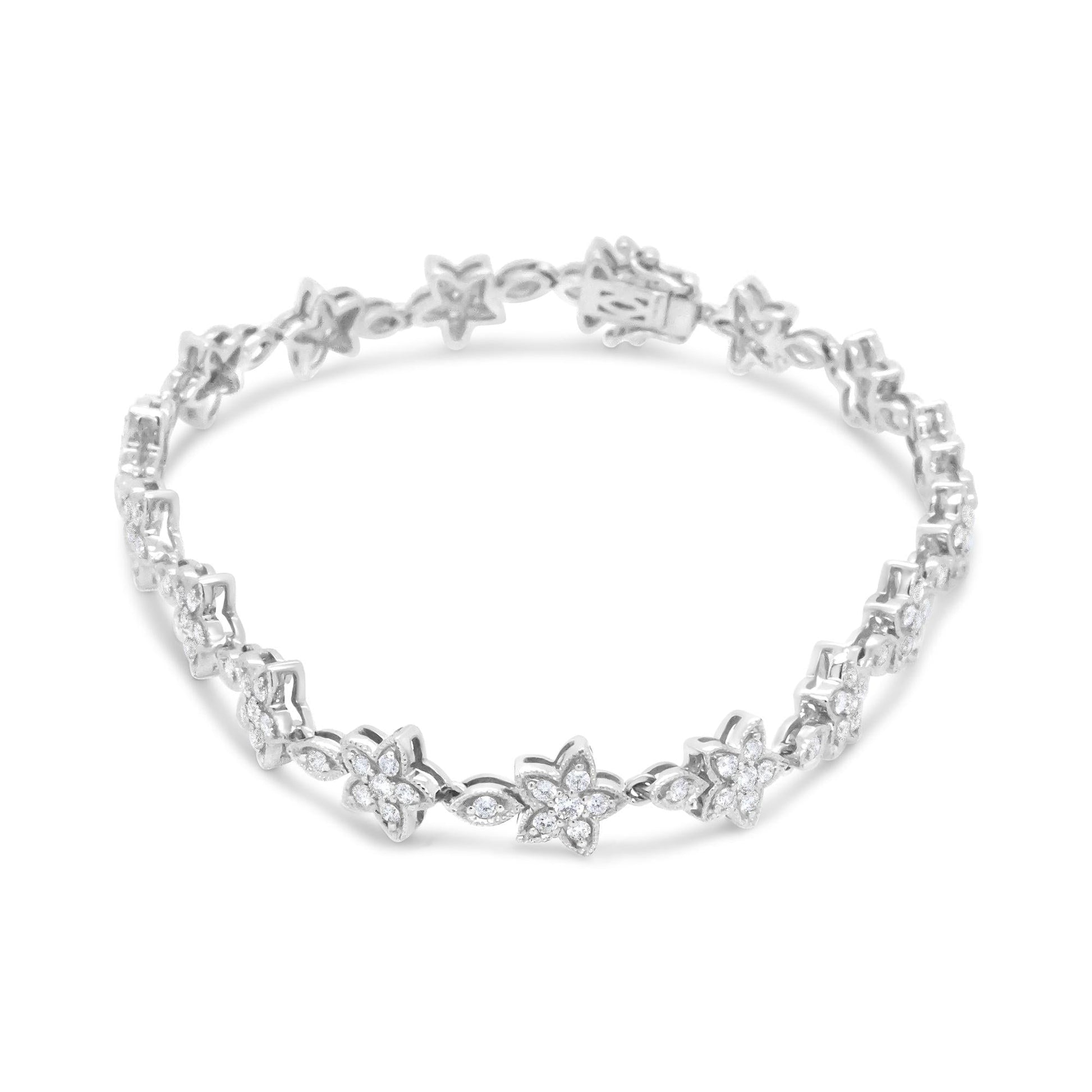 14K Gold 1 1/5 Cttw Round Diamond Floral Star-Shaped Link Bracelet (H-I Color, SI1-SI2 Clarity) -Size 7"-3