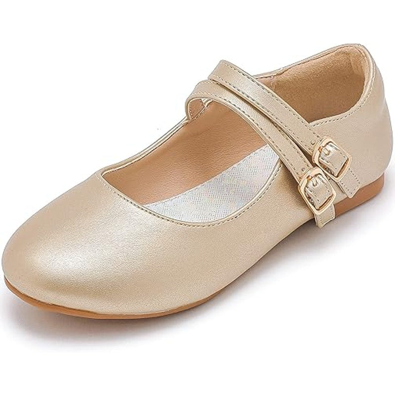 Parrosoo Toddler Girls Size 8 Matte Gold Flats Latch & Hook Close Dress Shoes