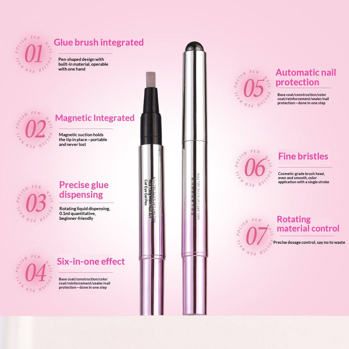 A six-in-one nail care tool set shown on a pink background with feature callouts in English. The set includes a pen-style applicator with a brown tip, a slim black-and-silver pen, and a small round black item.