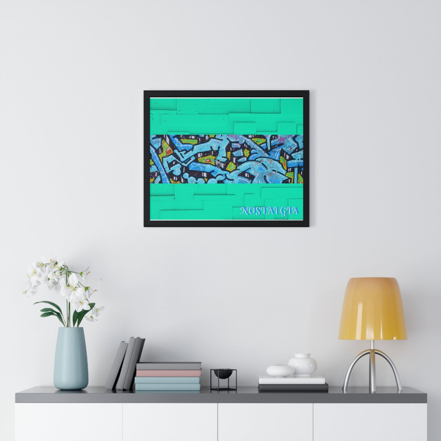 Nostalgia Graffiti Horizontal Framed Poster — Teal Urban Street Art Print