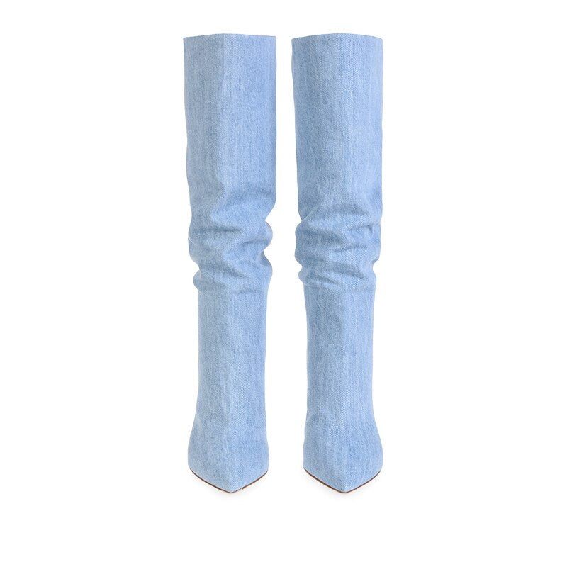 Pointed Toe High Heel Denim Knee High Slouchy Boots Womens Heeled Jeans Slouch Boots Ladies Mid Heel Spring Autumn Shoes