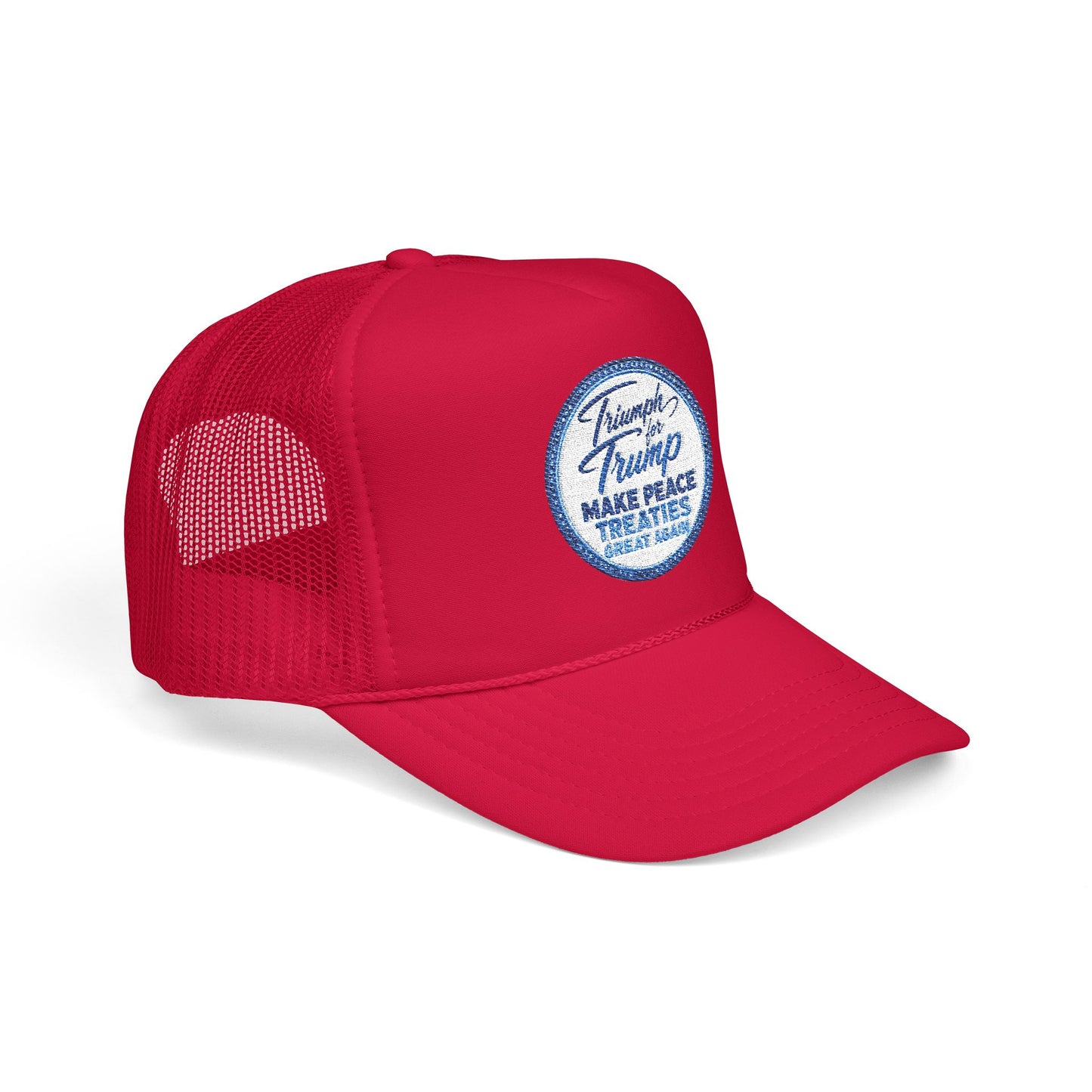 "Triumph for Trump: Make Peace Treaties Great Again" ✨EMBROIDERED Foam Trucker Hat — Vintage Trump Campaign Patch, Only @ LuxeByMimi✨