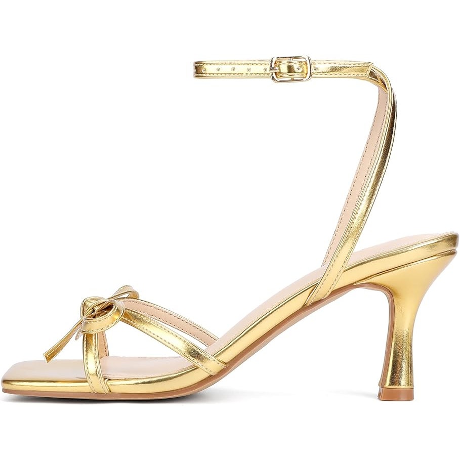Goderci Womens Size 10 Gold 3" Heels Bow Square Open Toe Ankle Strap Shoes