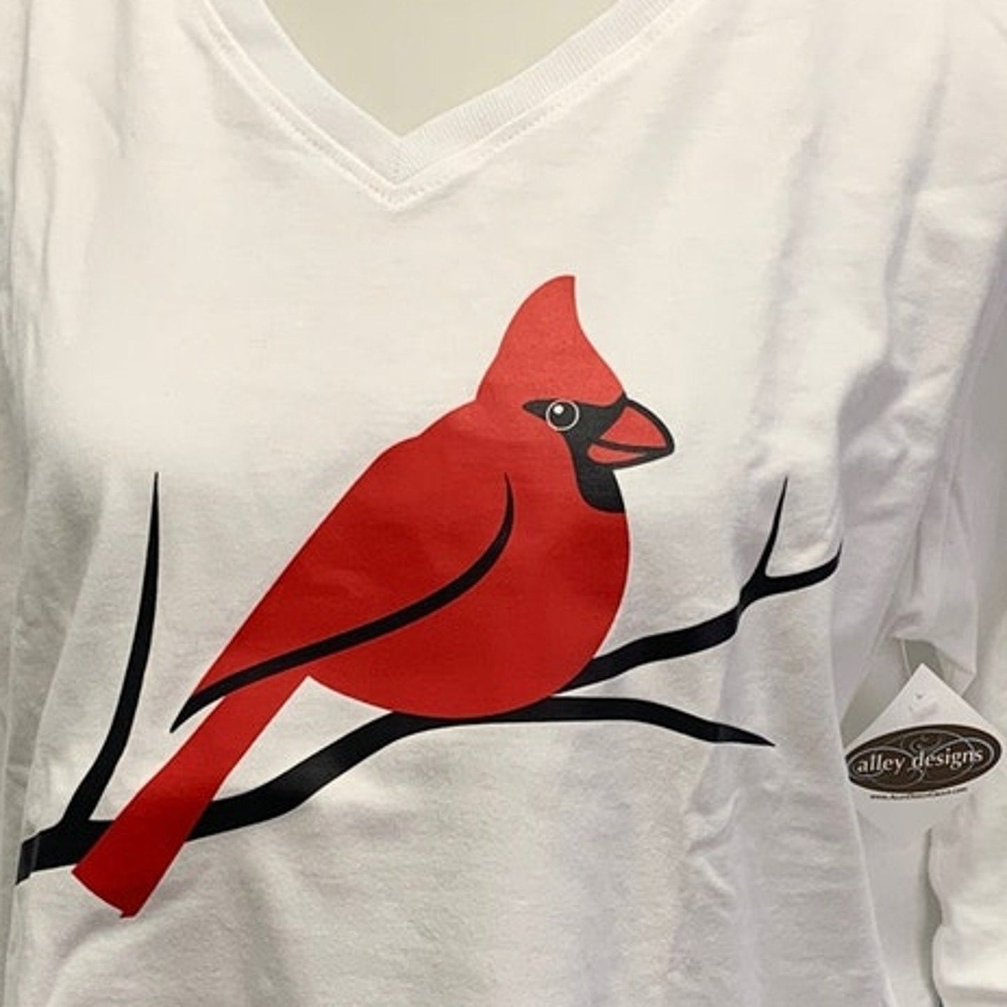 New Hand Printed Womens Large Cotton Red Cardinal Bird 3/4 Sleeve V-Neck Tee