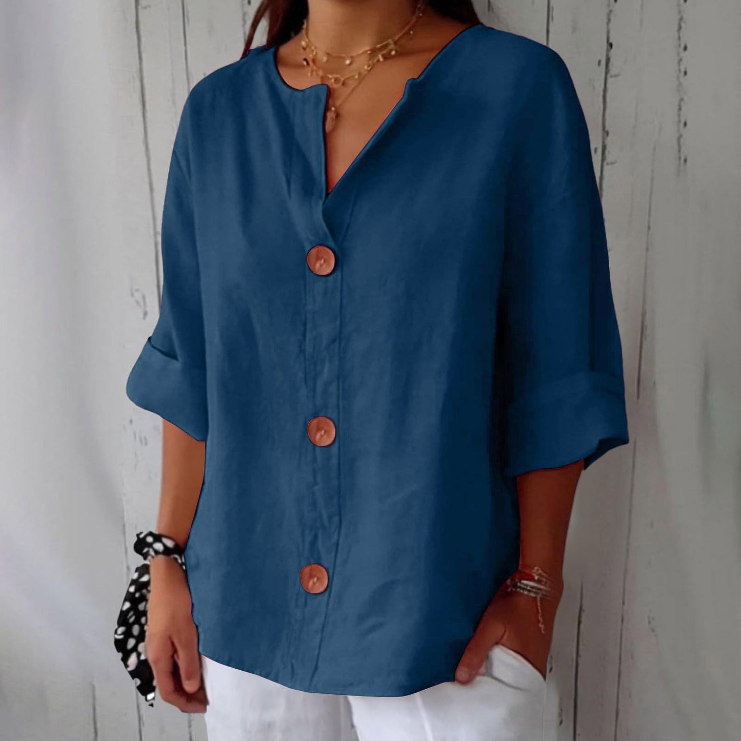 Women’s V-Neck Cotton Linen Buttoned Blouse