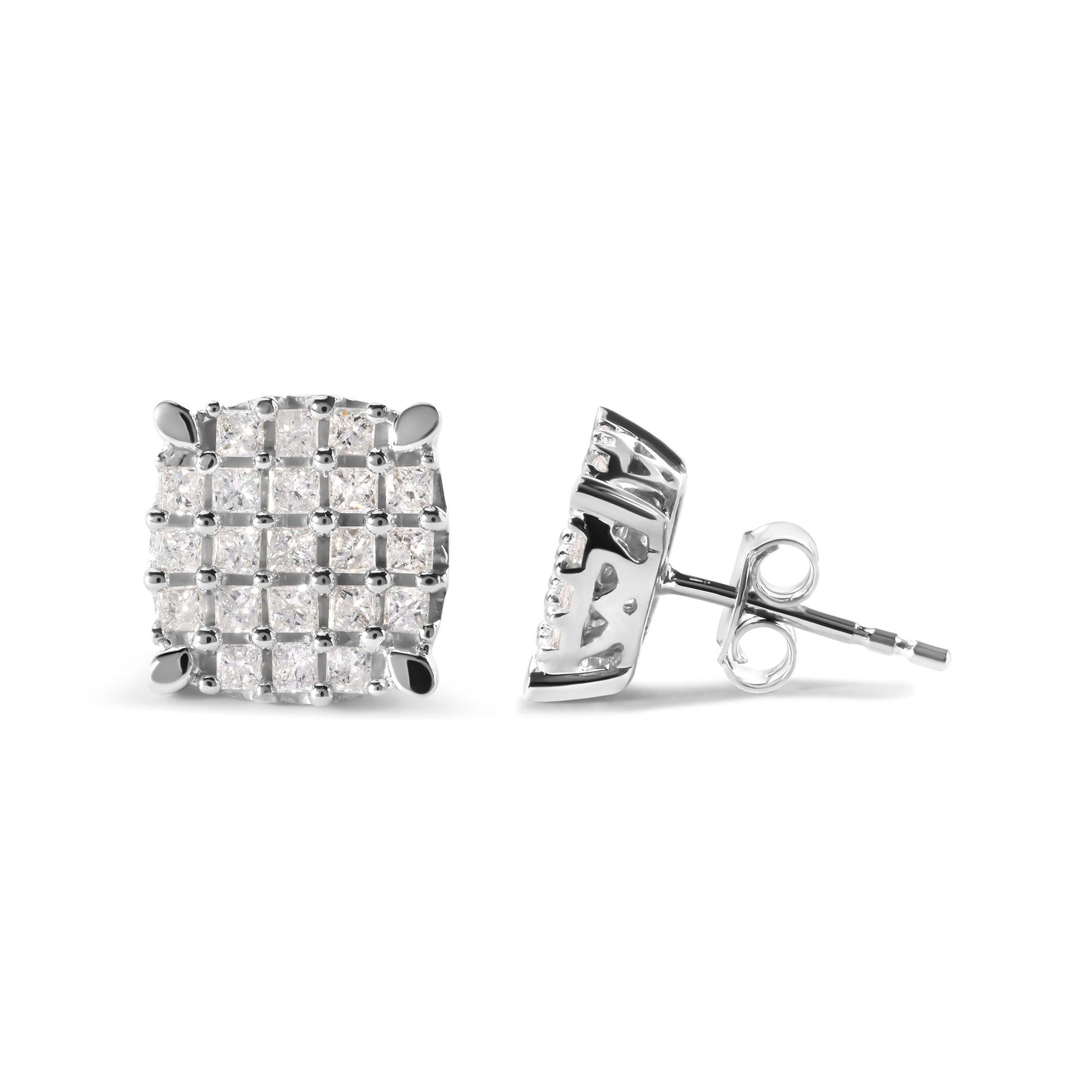 10K White Gold 3/4 Cttw Princess Diamond Composite Cushion Shape Stud Earrings (I-J Color, I1-I2 Clarity)-2