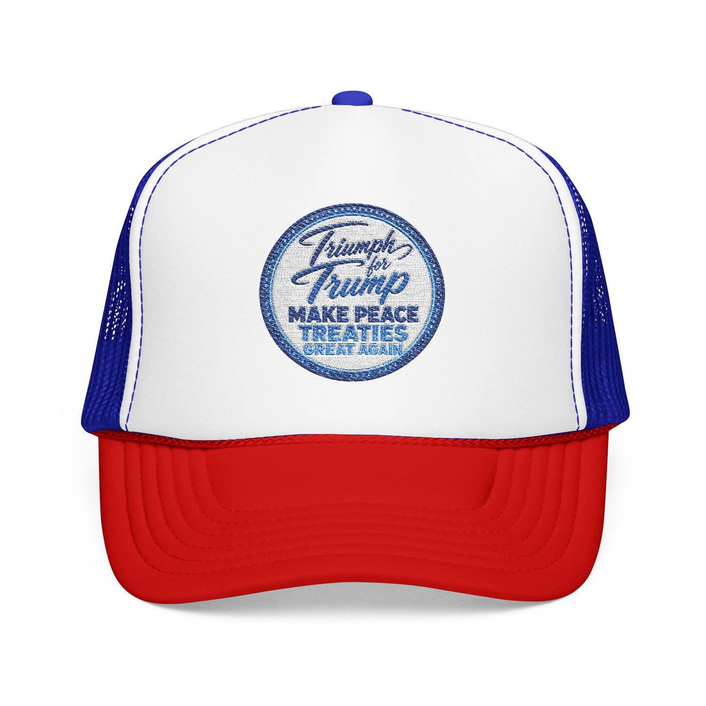 "Triumph for Trump: Make Peace Treaties Great Again" ✨EMBROIDERED Foam Trucker Hat — Vintage Trump Campaign Patch, Only @ LuxeByMimi✨