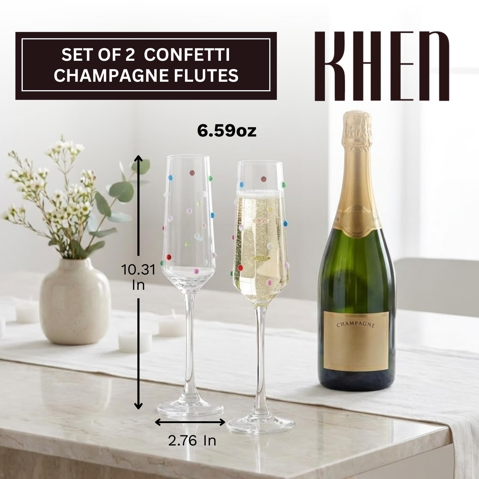 Confetti Champagne Flutes Set of 2, 6.59oz Colorful Clear Glass Stemmed Goblets for Sparkling Wine and Beverages, Elegant Handmade Drinkware Weddings Parties Celebrations Housewarming Gifts-1
