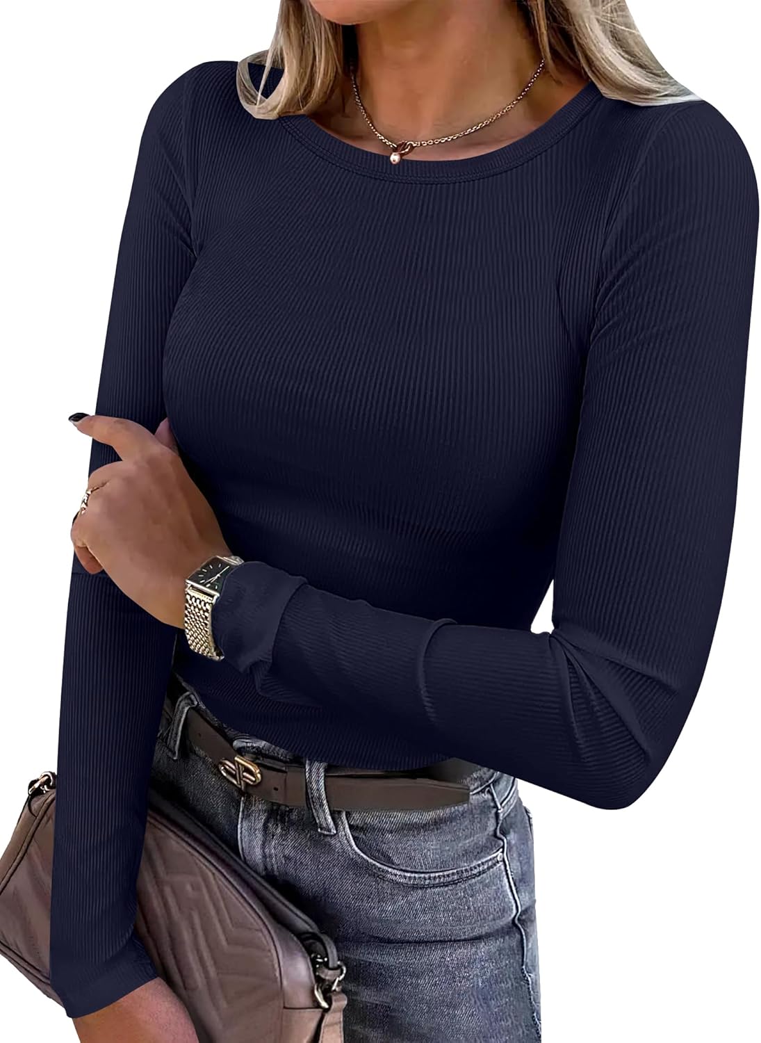ANRABESS Women Long Sleeve Shirts Rib Knit Slim Fit Tops Basic Tee Spring Outfits Casual T-Shirt Underscrubs Layer Clothes