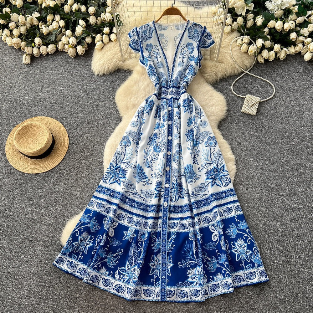 Blue Willow V-Neck Sleeveless Dress – Summer A-Line Maxi, Elegant Mandarin-Inspired Print