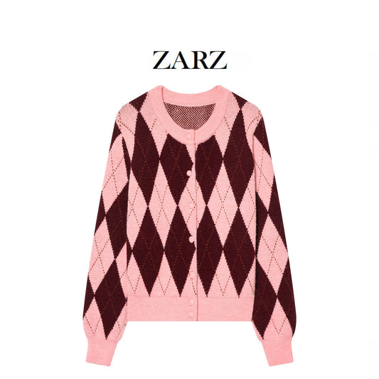 Style Trendy Casual Diamond Pattern Jacquard Jacket