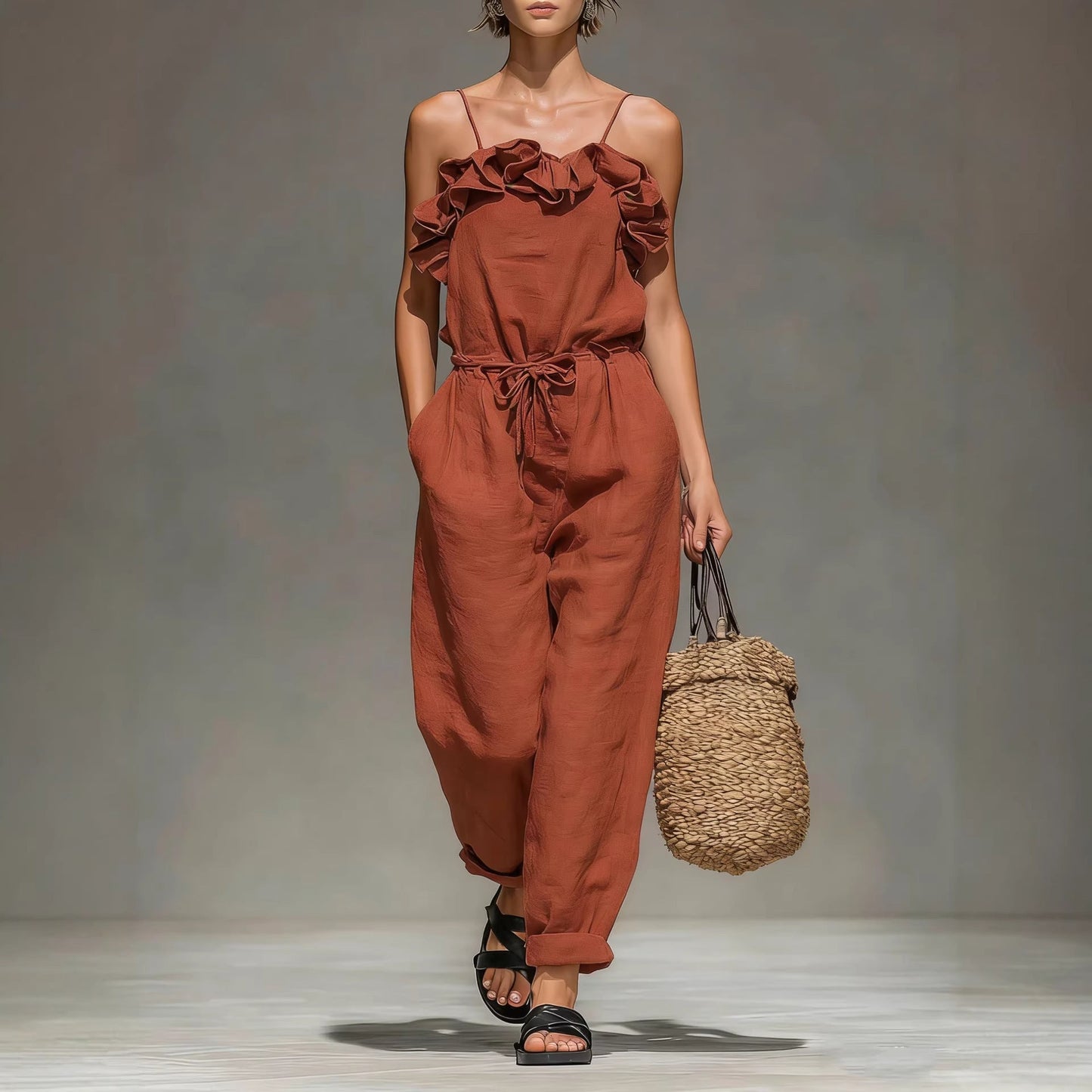 Women's Off-Shoulder Ruffle Wide-Leg Cropped Jumpsuit – Elastic Waist