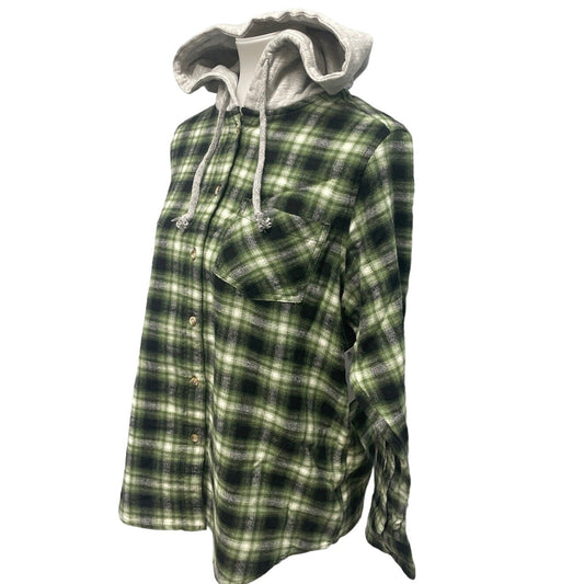 New Time and Tru Womens XL Long Sleeve Plaid Flannel Cotton Blend Hoodie