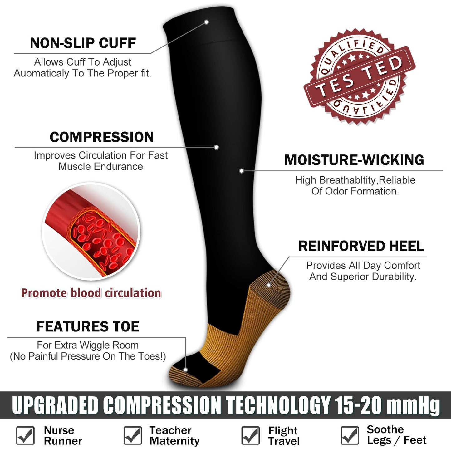6 Pack Copper Compression Socks for Women and Men Circulation-Best Support for Medical,Running,Nursing,Athletic