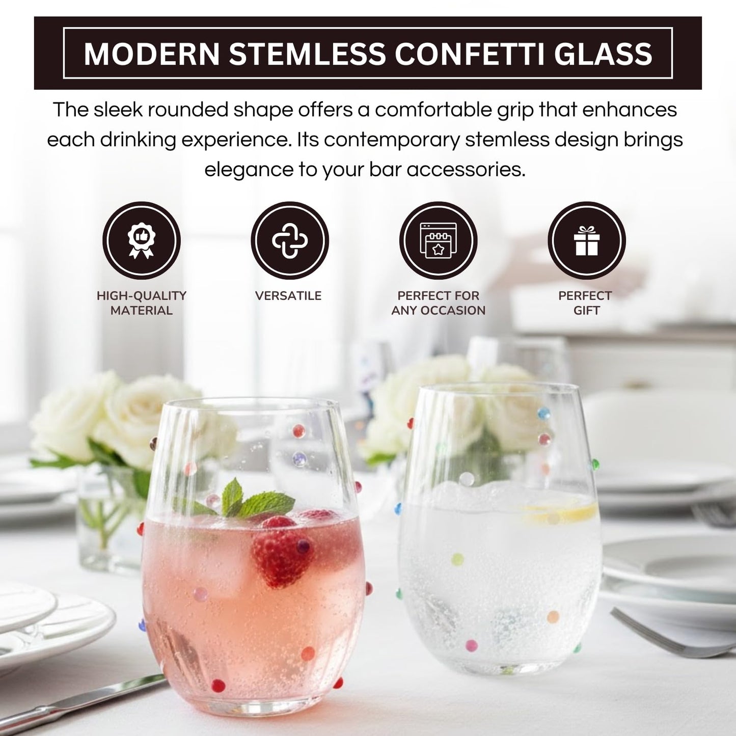 Confetti Stemless Wine Glasses Set of 2, 18.6oz Colorful Clear Glass Drinkware for Water Juice Cocktails, Modern Handmade Glassware for Parties Dining Entertaining Display Housewarming Birthday Gifts-3