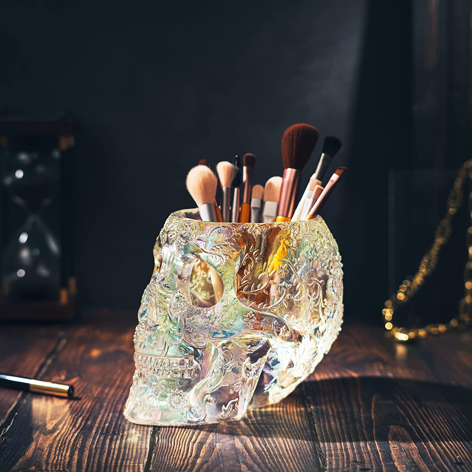 Skull Makeup Brush Holder, Pen Holder, Vanity, Desk, Office Organizer, Stationary, Decor Planter, Candy Bowl, Goth Decorations, Extra Large, Skulls Gothic Skull & Bones Organizer Bathroom (iridescent)-2