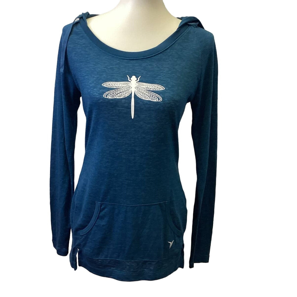 Hand Printed Upcycled Small Dragonfly PolyCotton Long Sleeve Athletic Hoodie