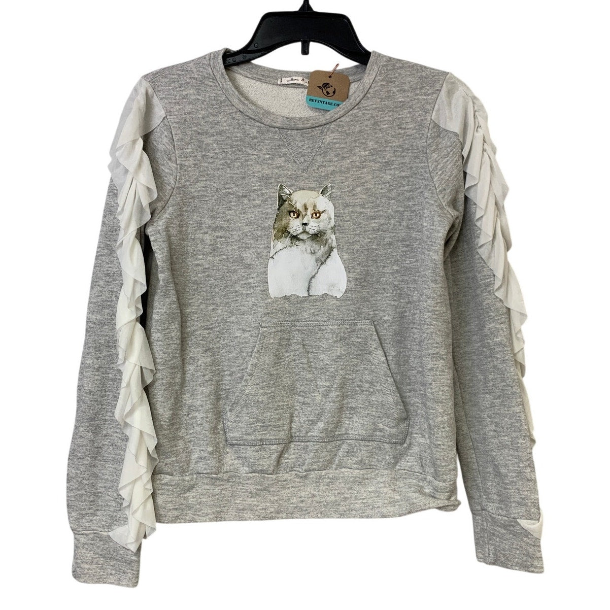 Upcycled Hand Printed Womens Small Smokey Gray Cat Long Sleeve Sweatshirt
