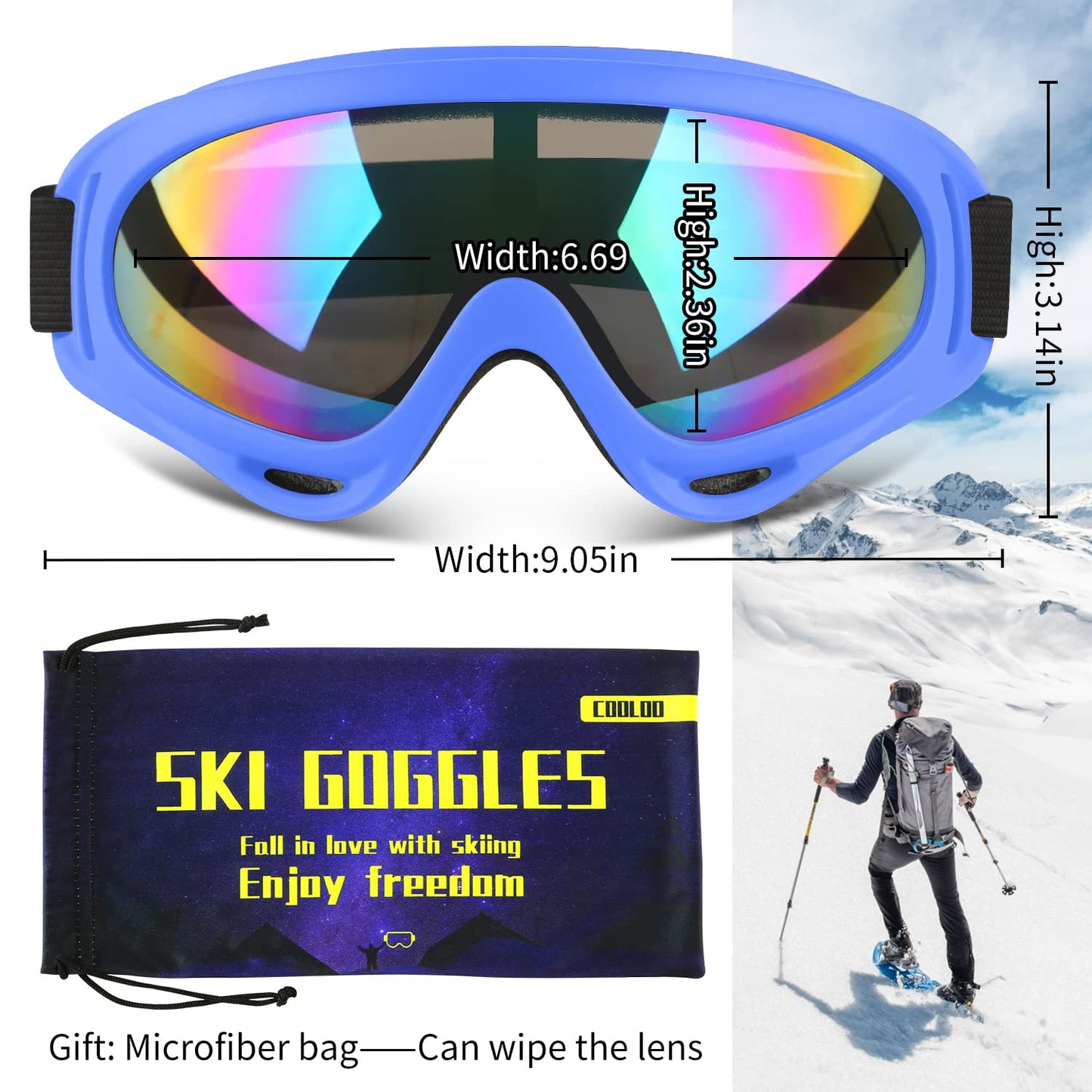 COOLOO Ski Goggles, 2 Pack Snow Goggles Snowboard Goggles for Men Women Kids - UV Protection Foam Anti-Scratch Dustproof