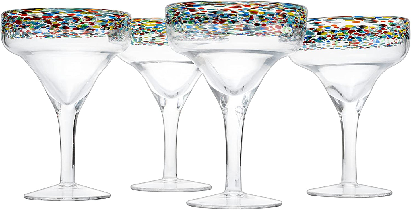 The Wine Savant Mexican Margarita Hand Blown Glass - Set of 4 - Large 16oz, Luxury Margarita Glasses, Mexico Design Large 16oz Confetti Rim Carmen Cinco de Mayo, Dishwasher Safe, Confetti Rock Decor-2