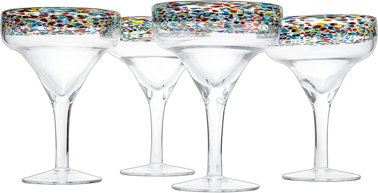 The Wine Savant Mexican Margarita Hand Blown Glass - Set of 4 - Large 16oz, Luxury Margarita Glasses, Mexico Design Large 16oz Confetti Rim Carmen Cinco de Mayo, Dishwasher Safe, Confetti Rock Decor-2