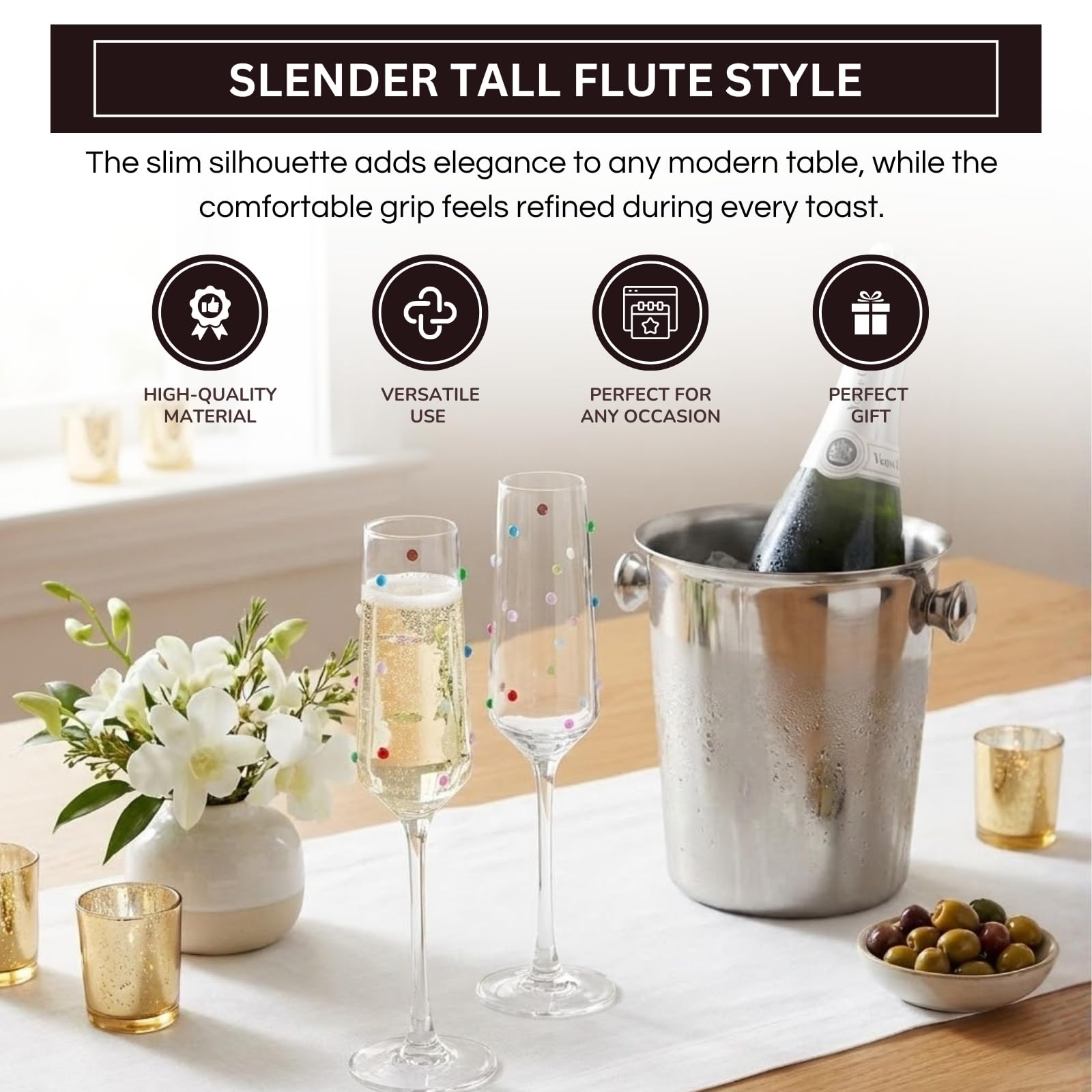 Confetti Champagne Flutes Set of 2, 6.59oz Colorful Clear Glass Stemmed Goblets for Sparkling Wine and Beverages, Elegant Handmade Drinkware Weddings Parties Celebrations Housewarming Gifts-3