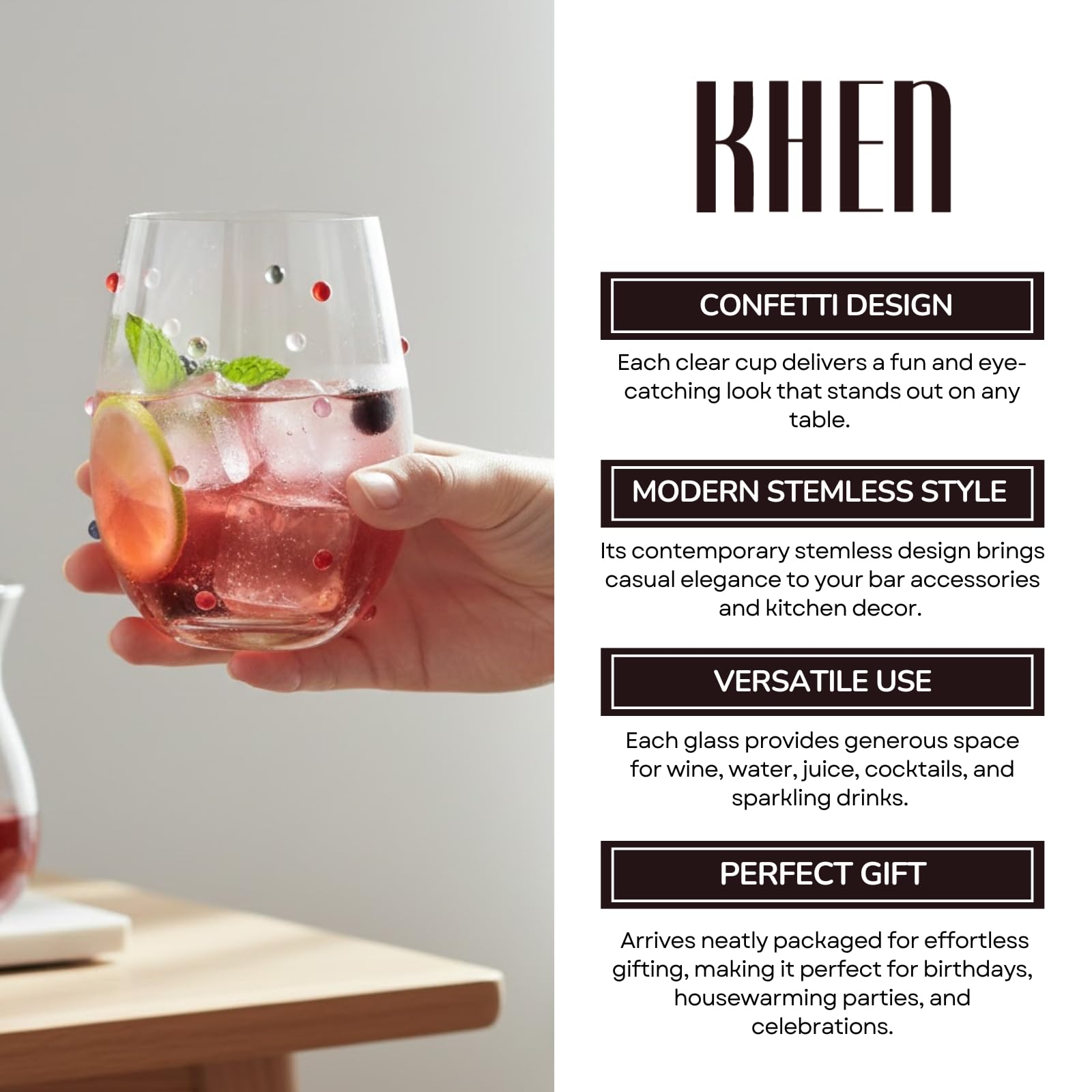 Confetti Stemless Wine Glasses Set of 2, 18.6oz Colorful Clear Glass Drinkware for Water Juice Cocktails, Modern Handmade Glassware for Parties Dining Entertaining Display Housewarming Birthday Gifts-4