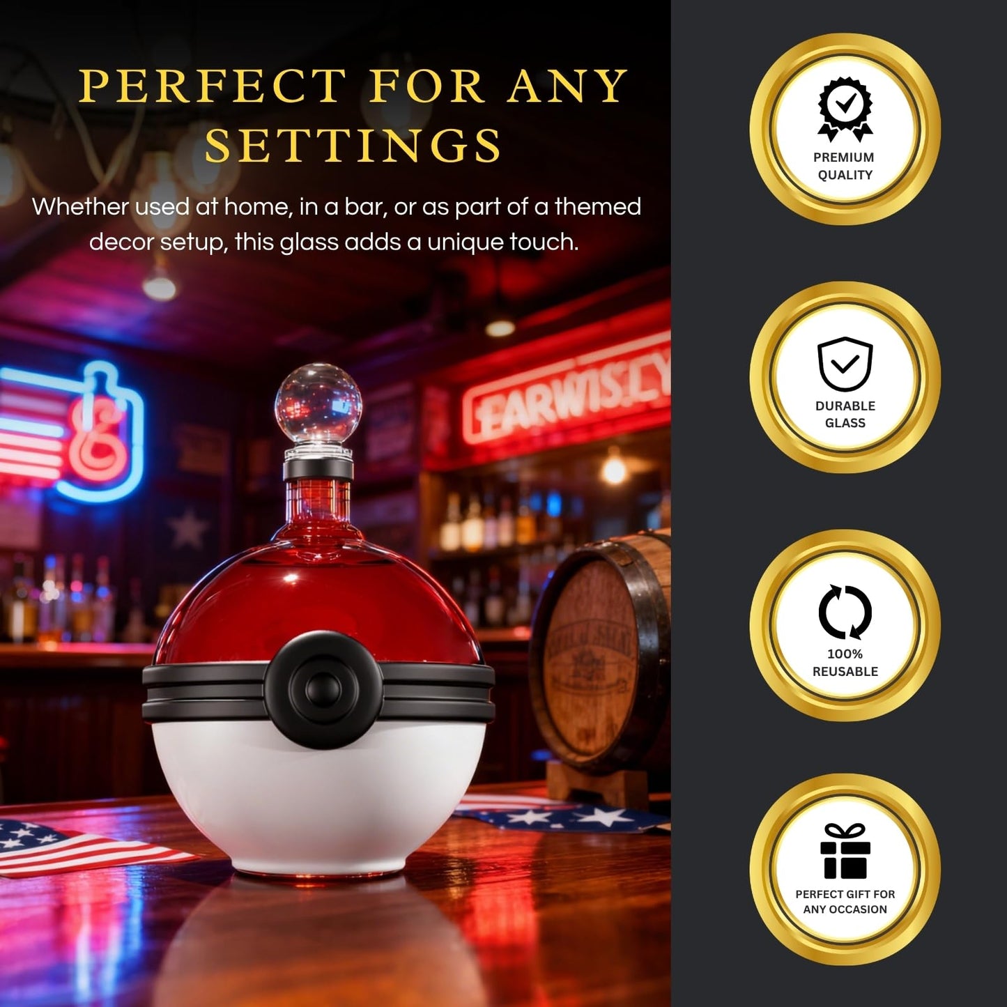 Monster Trainer Capture Sphere Whiskey, Wine Decanter Red White Glass Liquor Bottle 18.6oz Premium Borosilicate Display Piece | Gamer Collectible Barware Gift for Anime Theme Fans & Collectors, Gifts-3