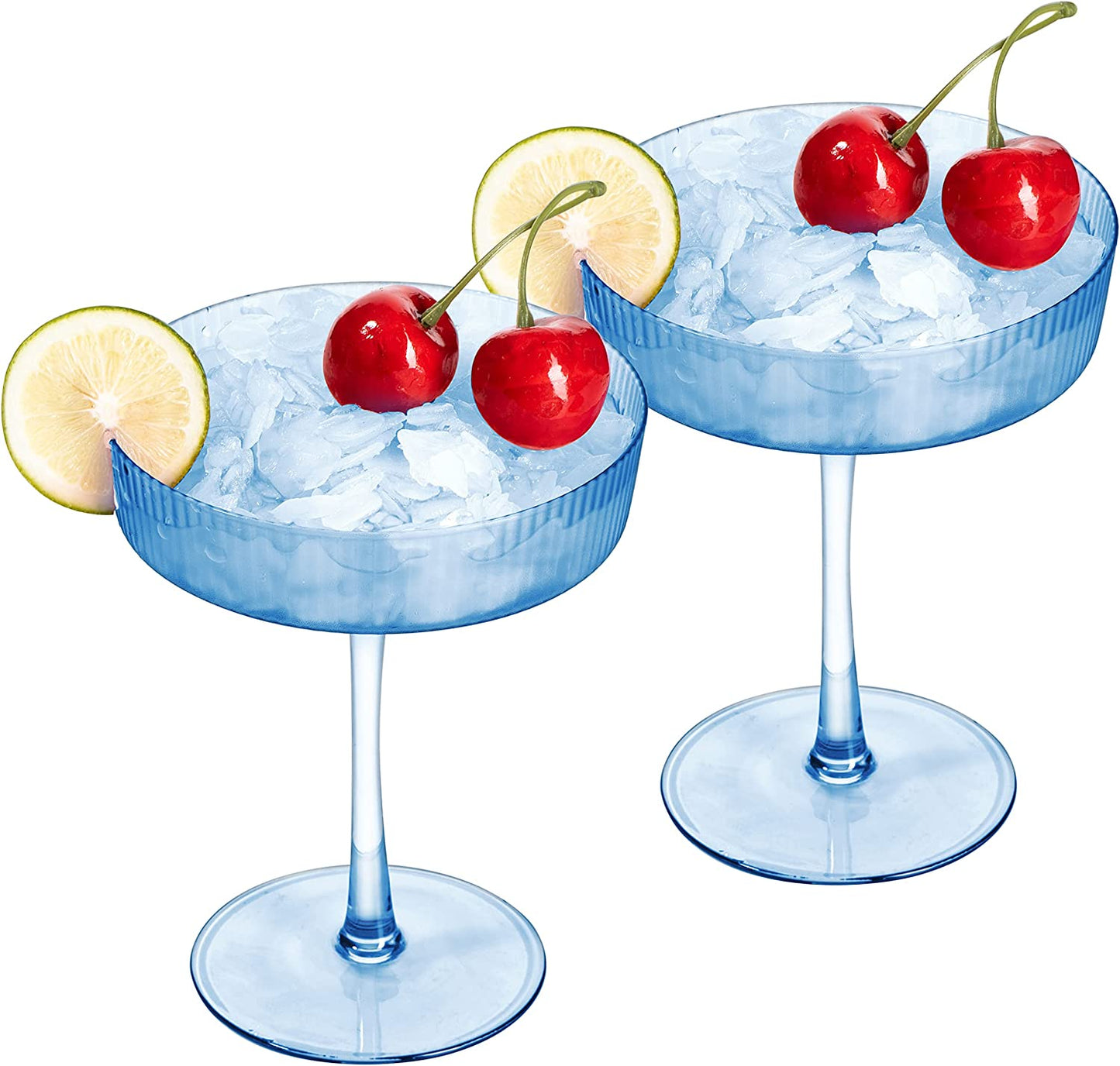 Ribbed Coupe Cocktail Glasses 8 oz | Set of 2 | Classic Manhattan Glasses For Cocktails, Champagne Coupe, Ripple Coupe Glasses, Art Deco Gatsby Vintage, Crystal with Stems (Blue, Set of 2)-3