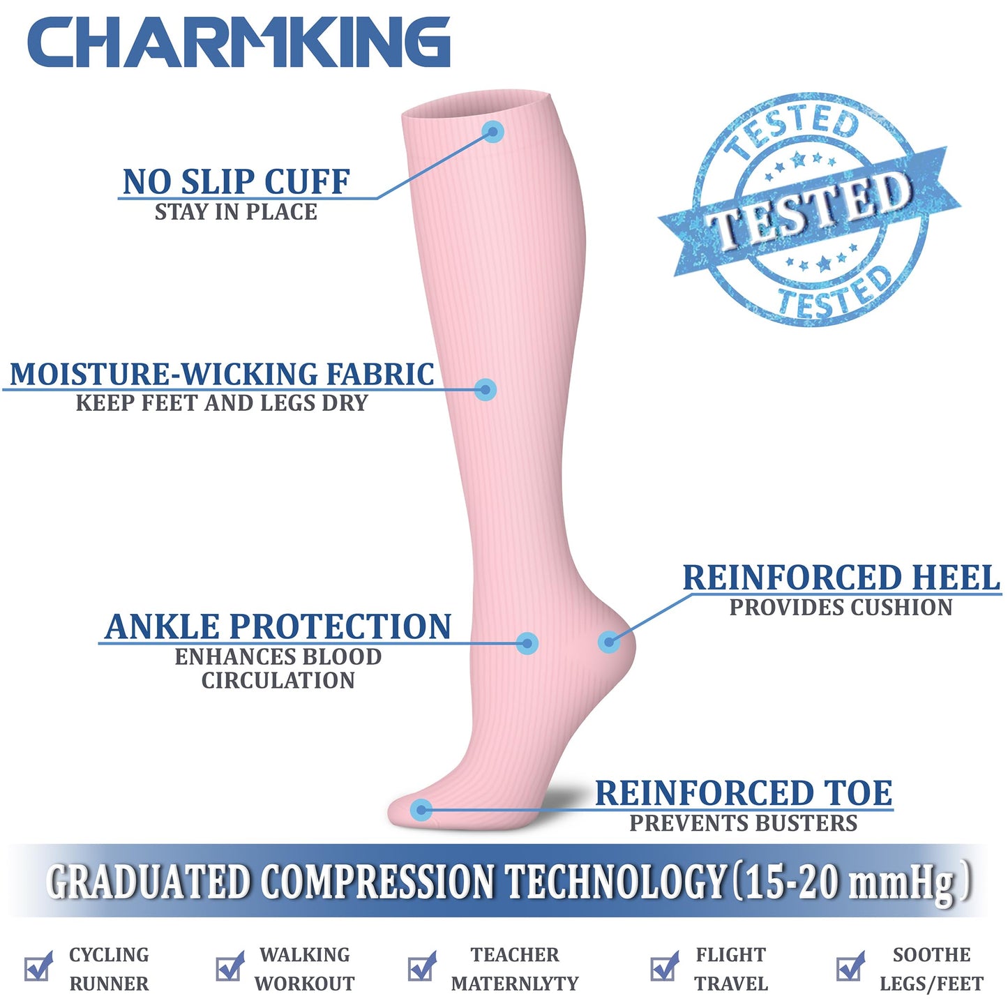 CHARMKING Compression Socks for Women & Men Circulation (8 Pairs) 15-20 mmHg is Best Support for Athletic Running,Cycling
