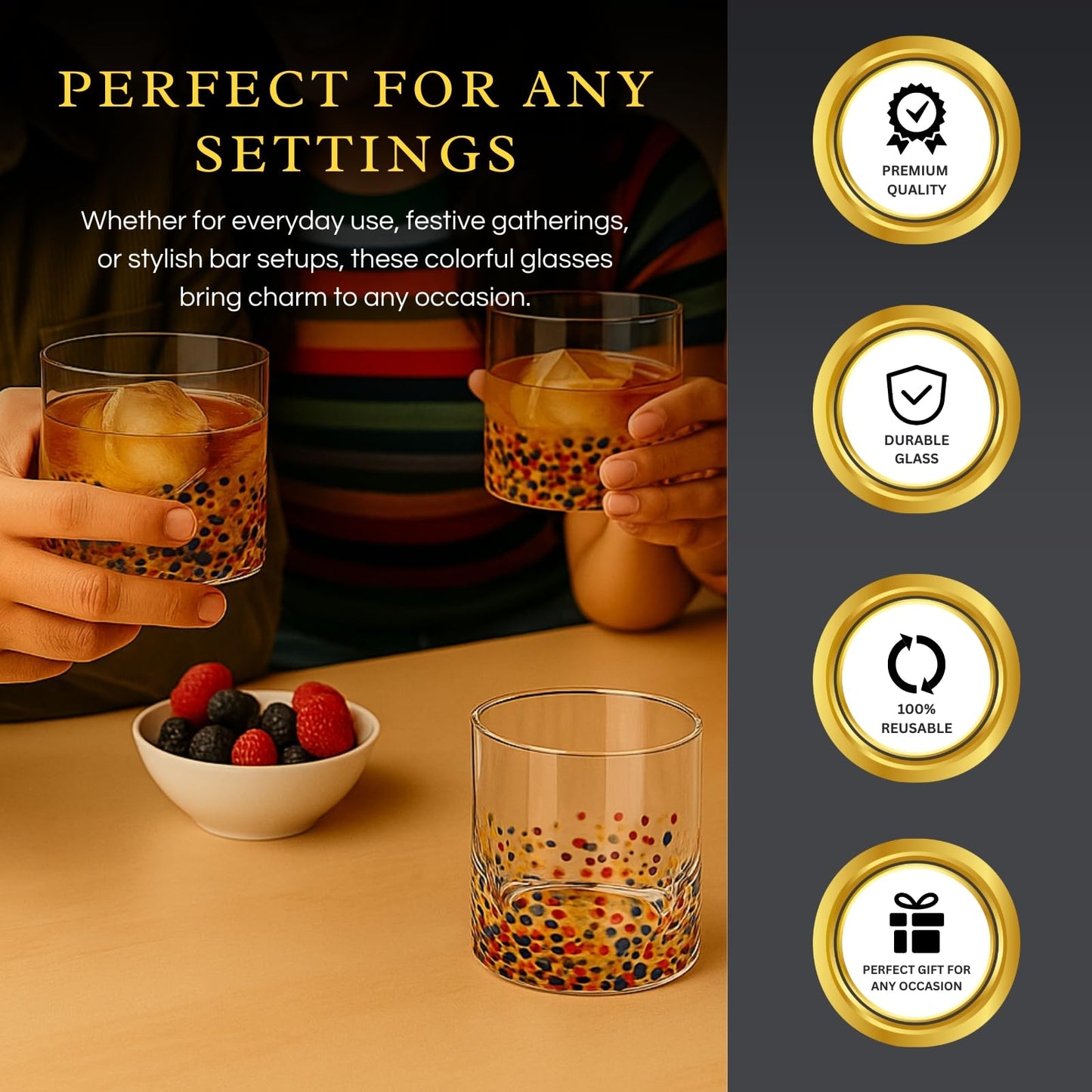 Large Confetti  DOF Glasses – Set of 2- 11oz Luxury Hand Blown Confetti Whiskey, Margarita, Martini, Cocktails, Water, Wine, Dessert & Champagne Glasses Cinco de Mayo, Hand Blown - Mexican Water Glass-3