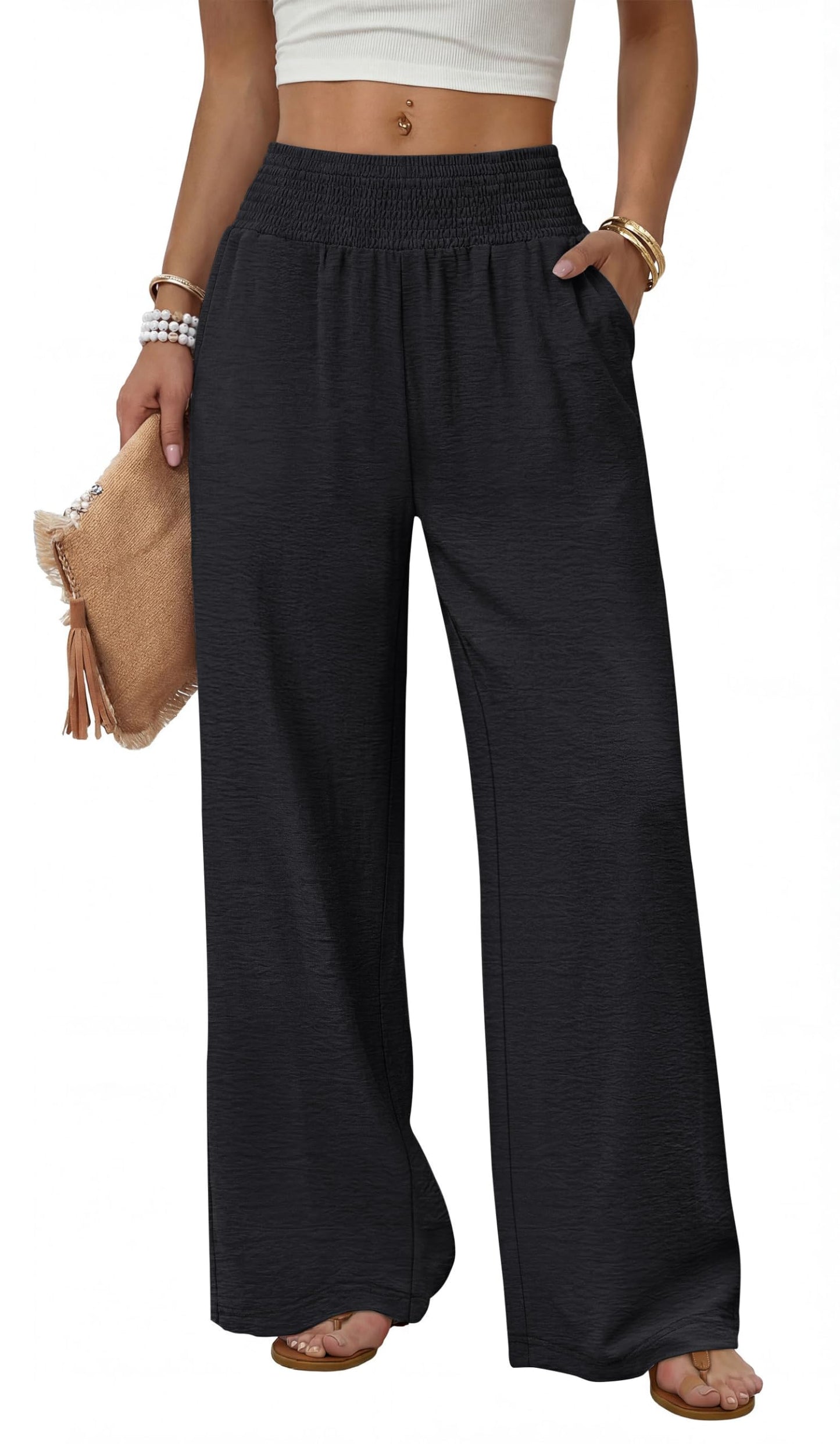 Sampeel Wide Leg Pants Woman High Waist Trousers with Pockets Casual Lounge