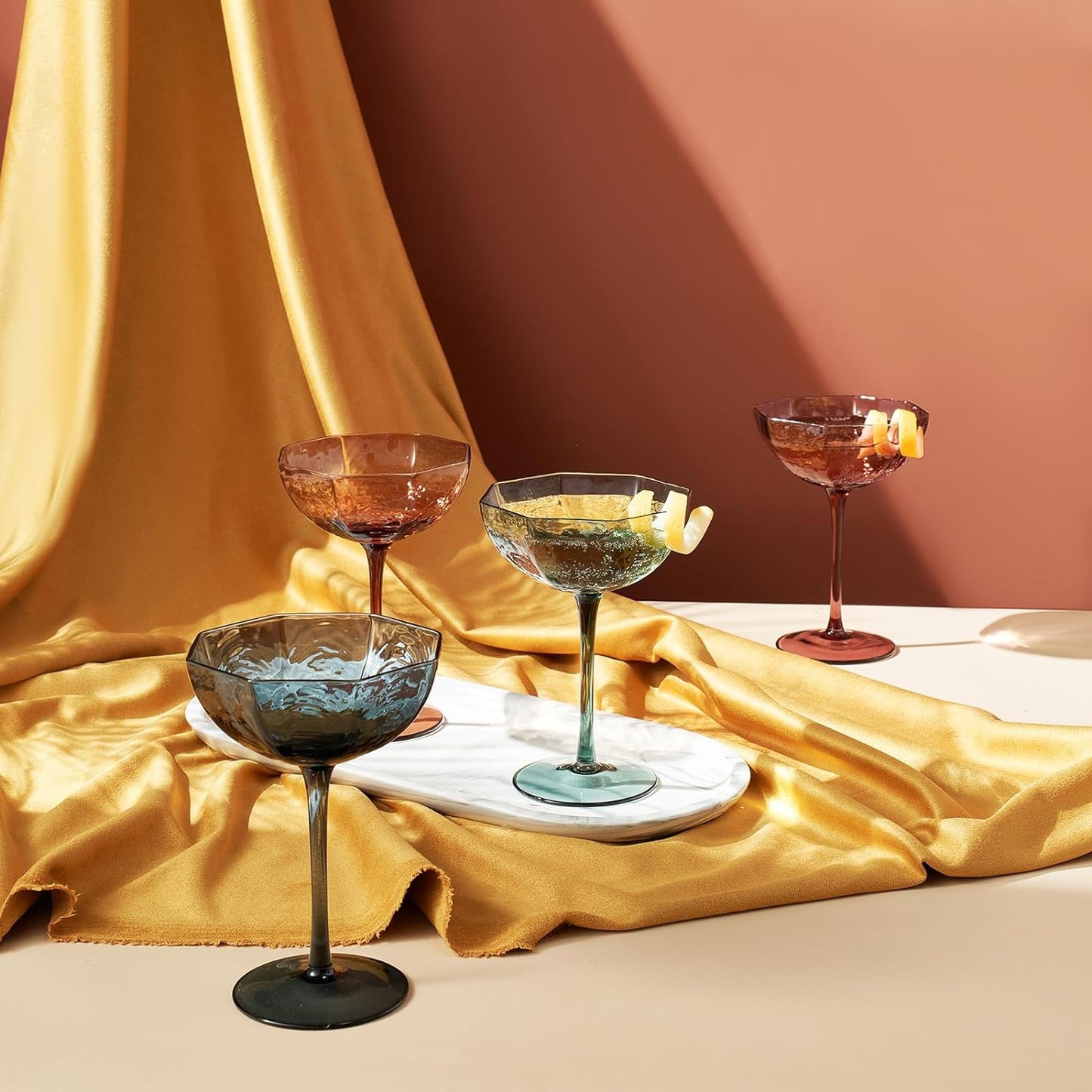 Khen Cocktail, Martini & Champagne Luxury Angled Coupe Glasses 6 oz | Set of 4 | Muted Colored-3