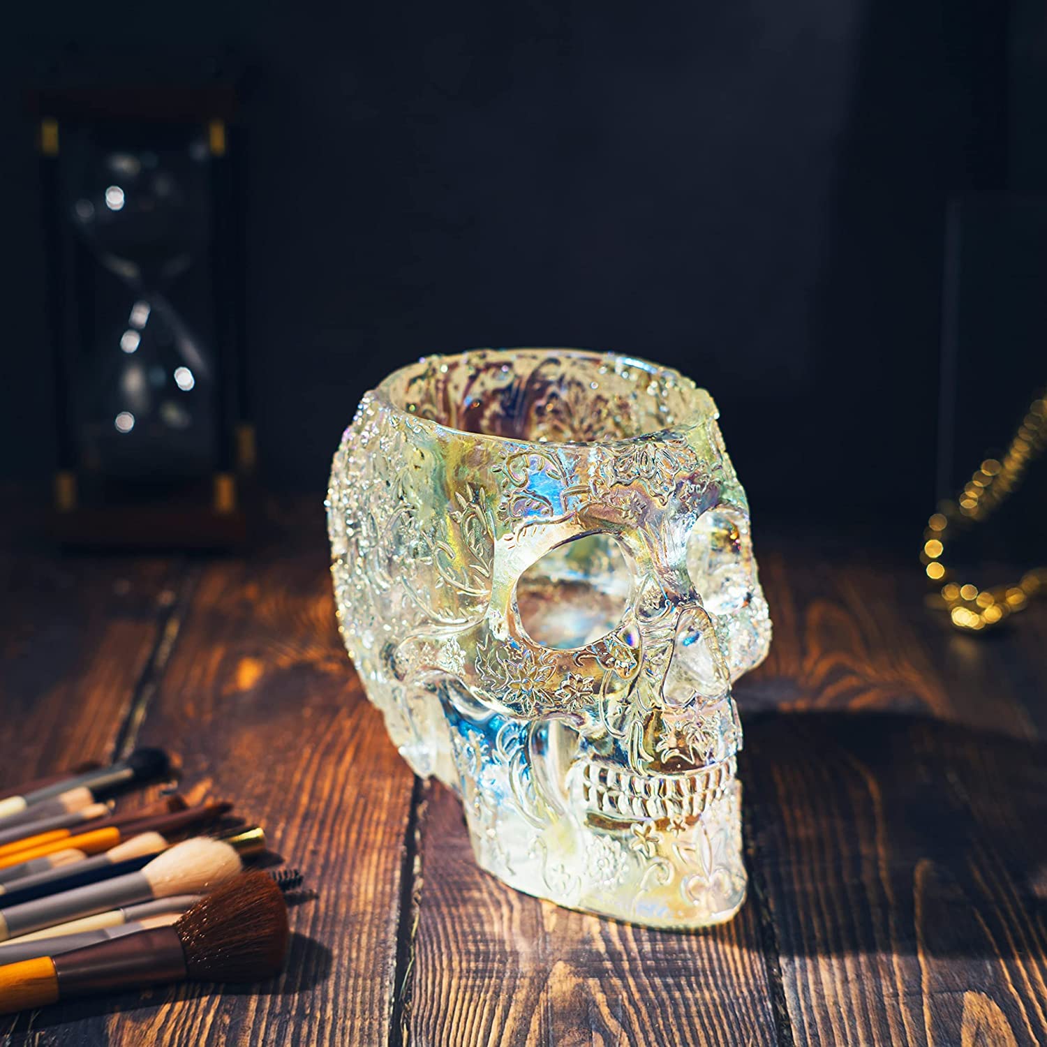 Skull Makeup Brush Holder, Pen Holder, Vanity, Desk, Office Organizer, Stationary, Decor Planter, Candy Bowl, Goth Decorations, Extra Large, Skulls Gothic Skull & Bones Organizer Bathroom (iridescent)-3