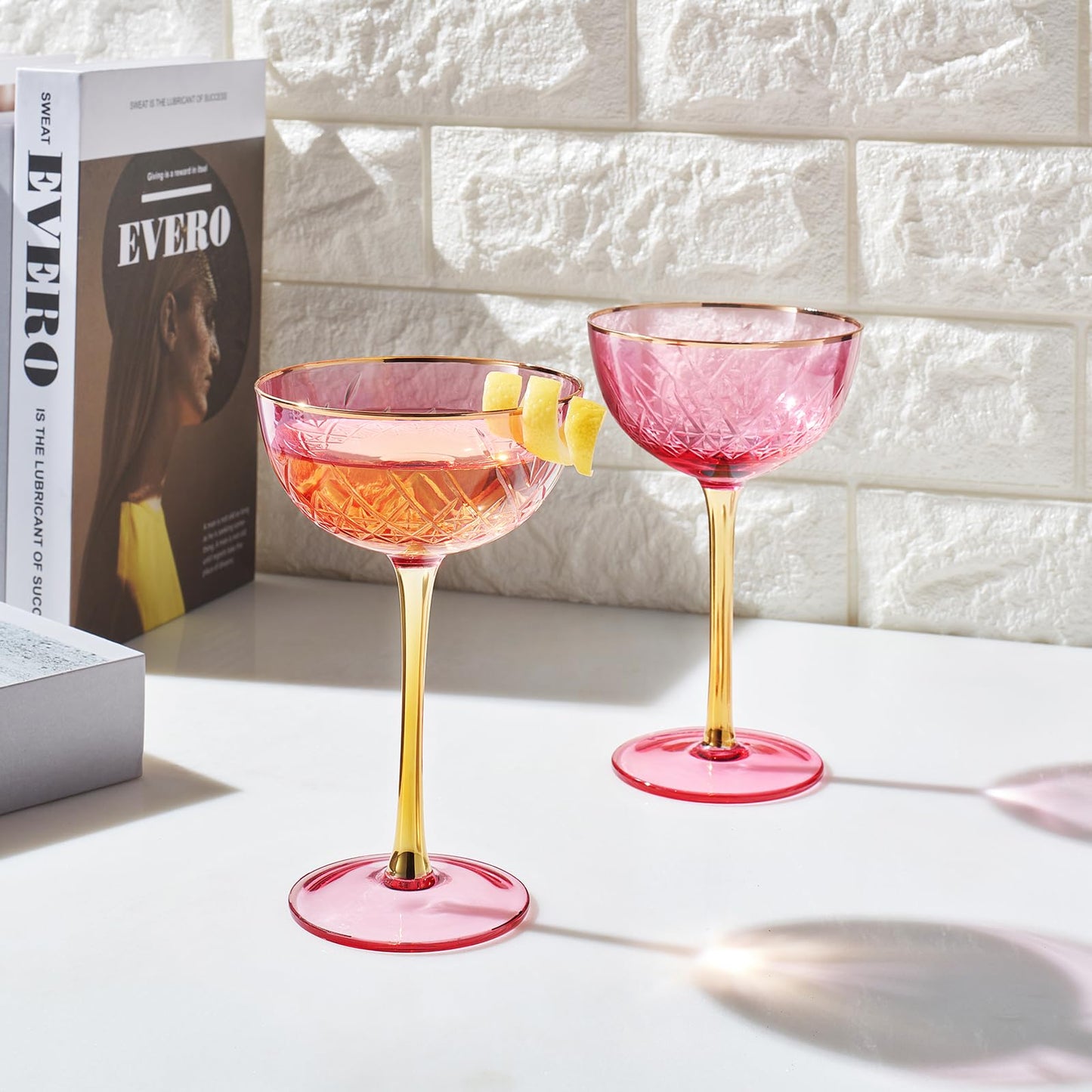 Vintage Art Deco Coupe for Champagne, Martini, Cocktails| Set of 2 | 7 oz Classic Cocktail Glassware - Manhattan, Cosmopolitan, Sidecar, Crystal Speakeasy Style Saucer Goblets with Stems (Pink)-2