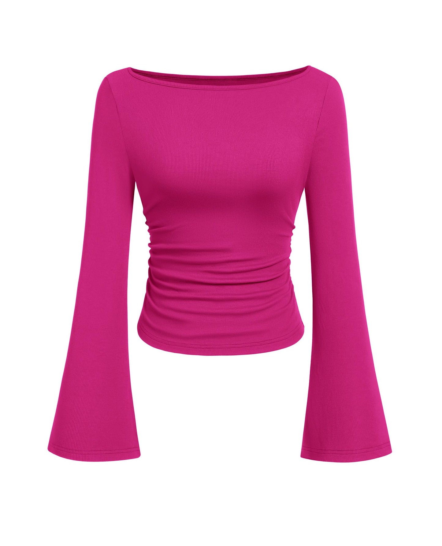 PRETTYGARDEN Womens Long Sleeve Shirts 2026 Spring Crop Going Out Tops Casual Boat Neck Bell Sleeve Ribbed Ruched Y2K Clothes