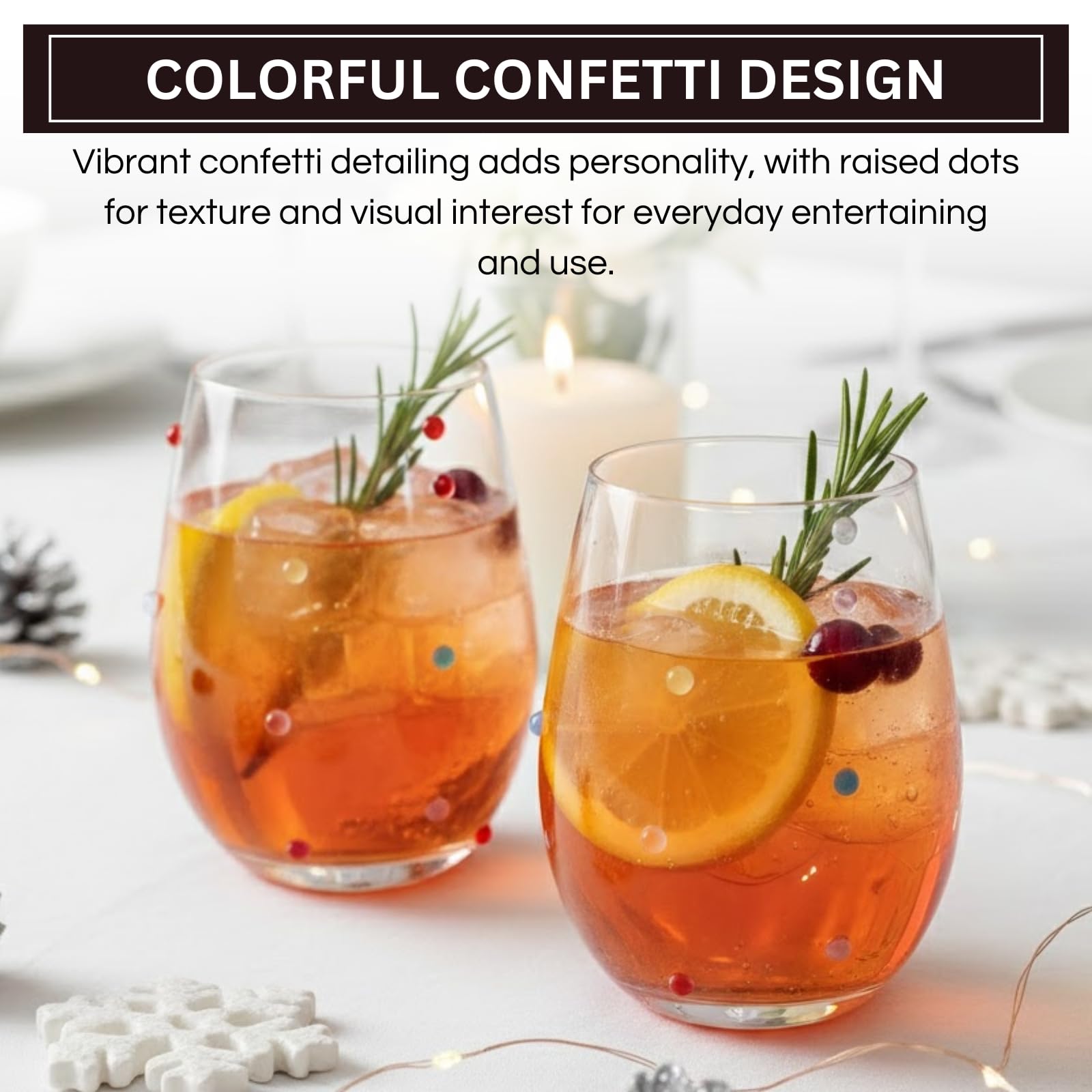 Confetti Stemless Wine Glasses Set of 2, 18.6oz Colorful Clear Glass Drinkware for Water Juice Cocktails, Modern Handmade Glassware for Parties Dining Entertaining Display Housewarming Birthday Gifts-2
