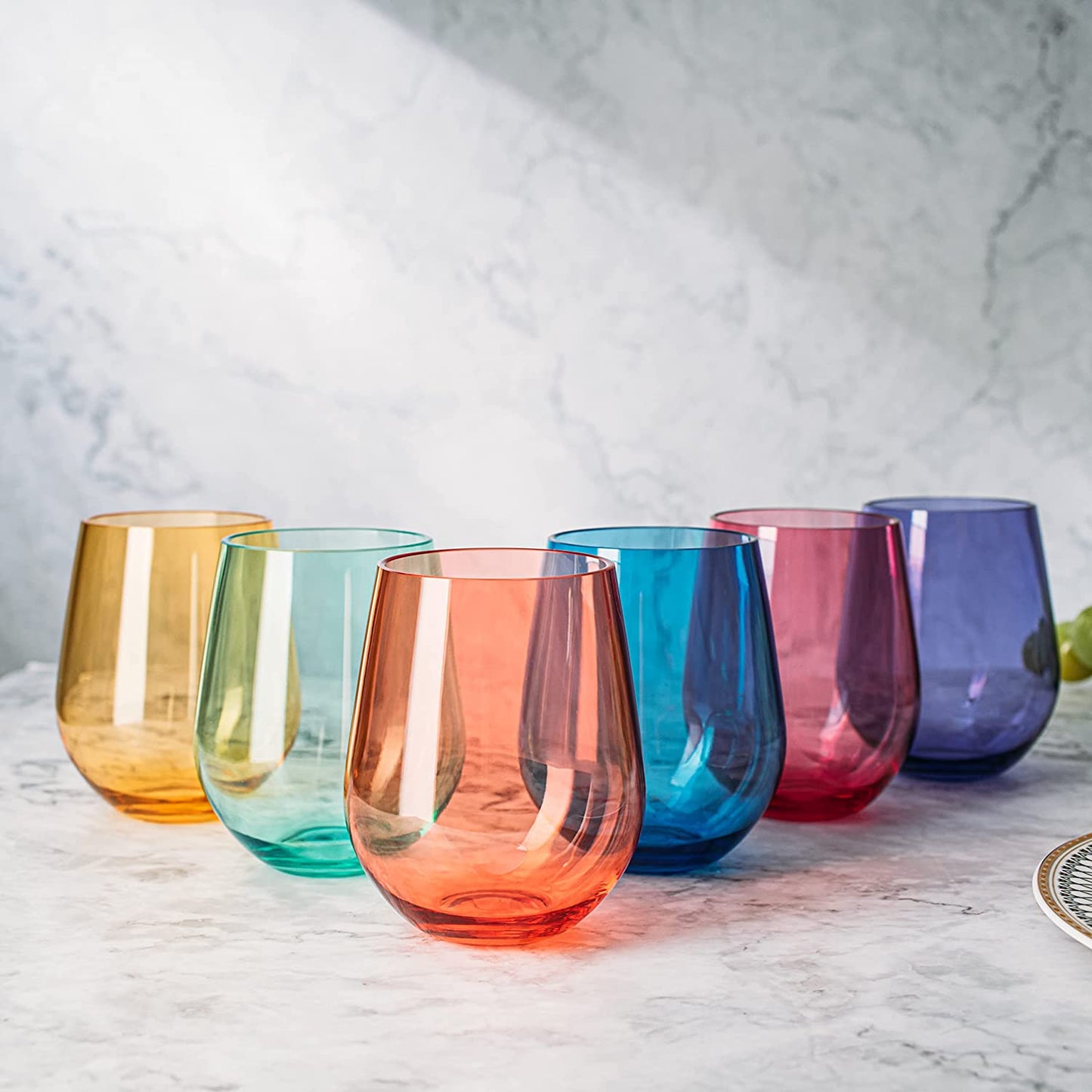European Style Crystal, Stemless Wine Glasses, Acrylic Glasses Tritan Drinkware, Unbreakable Colored, 6 - Set - Shatterproof BPA-free plastic, Reusable, All Purpose Glassware, 15oz-3