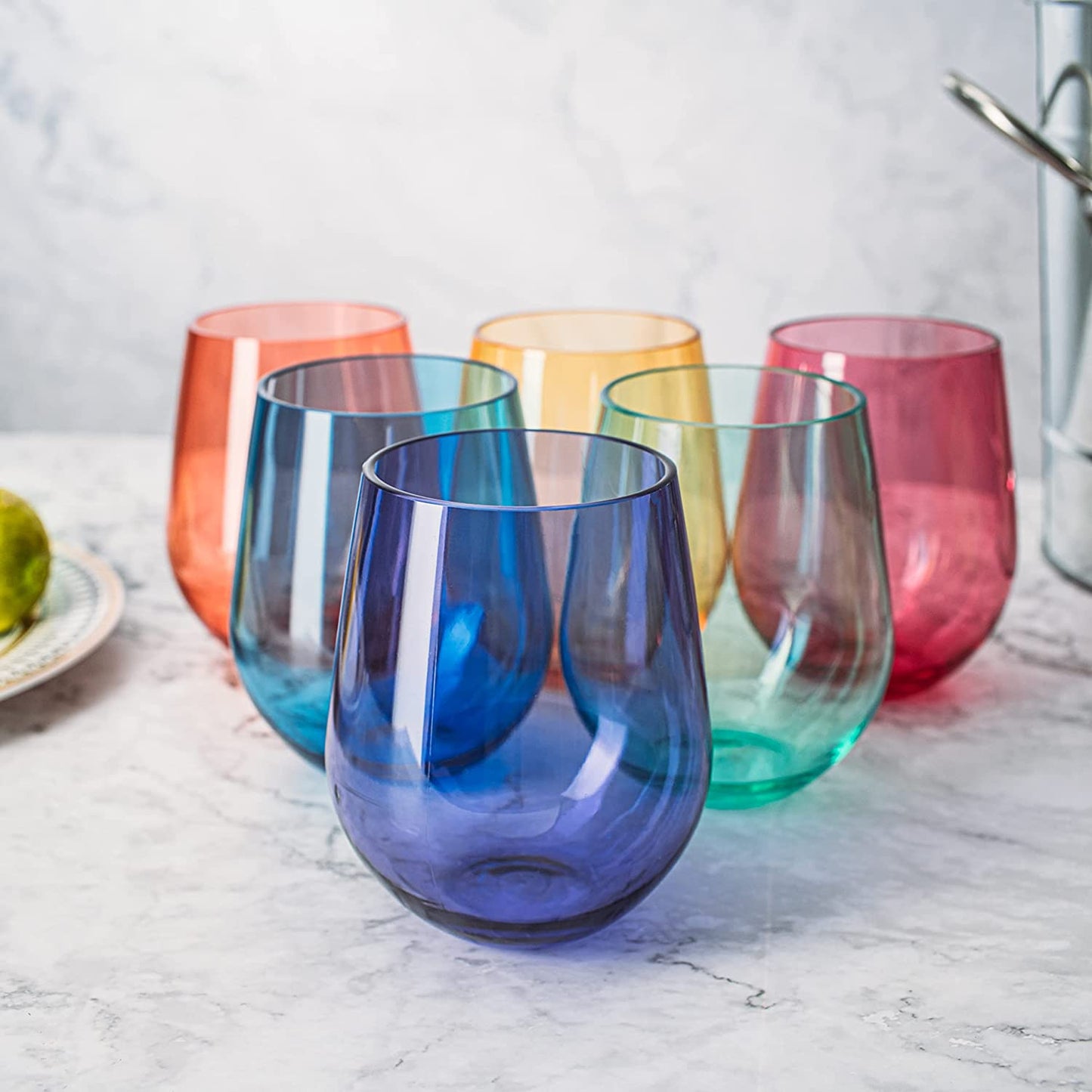 European Style Crystal, Stemless Wine Glasses, Acrylic Glasses Tritan Drinkware, Unbreakable Colored, 6 - Set - Shatterproof BPA-free plastic, Reusable, All Purpose Glassware, 15oz-1