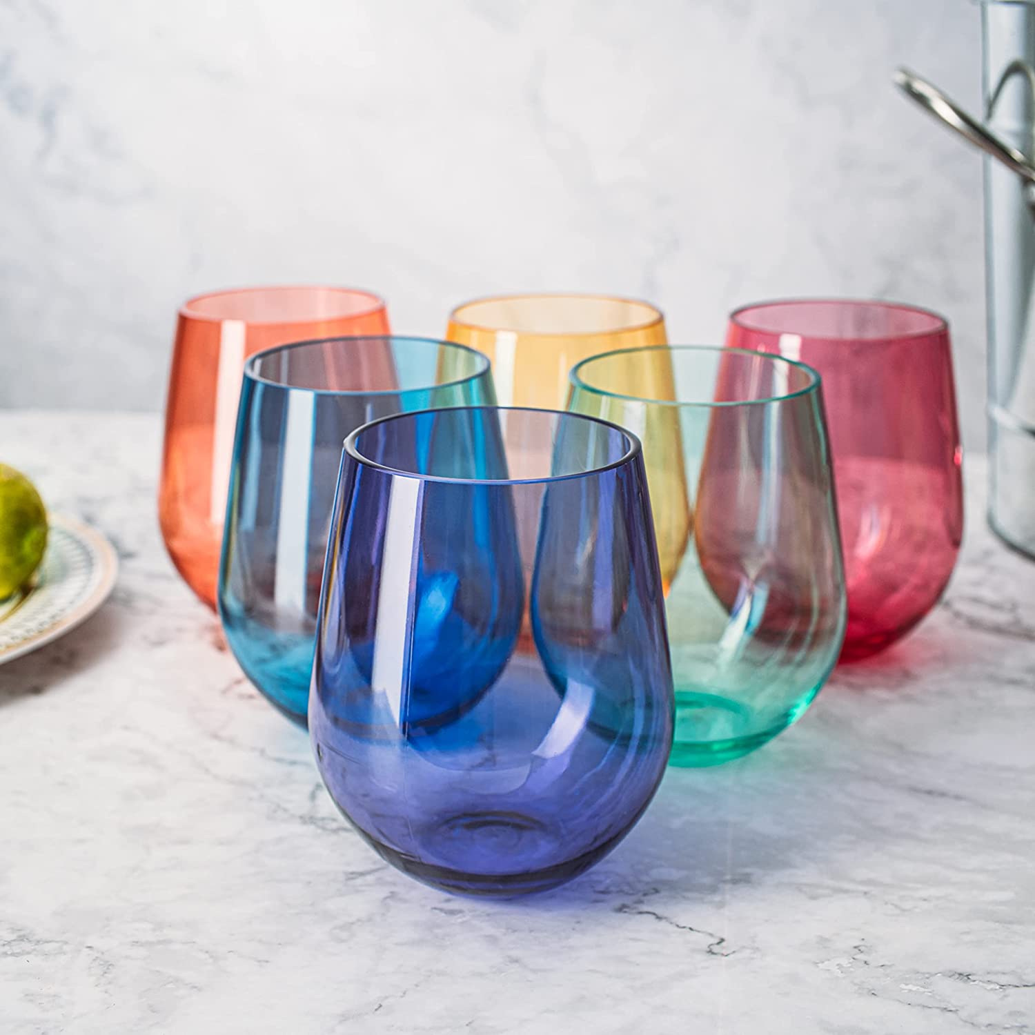 European Style Crystal, Stemless Wine Glasses, Acrylic Glasses Tritan Drinkware, Unbreakable Colored, 6 - Set - Shatterproof BPA-free plastic, Reusable, All Purpose Glassware, 15oz-1