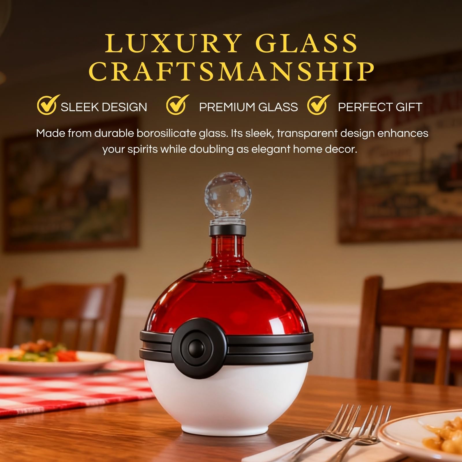 Monster Trainer Capture Sphere Whiskey, Wine Decanter Red White Glass Liquor Bottle 18.6oz Premium Borosilicate Display Piece | Gamer Collectible Barware Gift for Anime Theme Fans & Collectors, Gifts-2