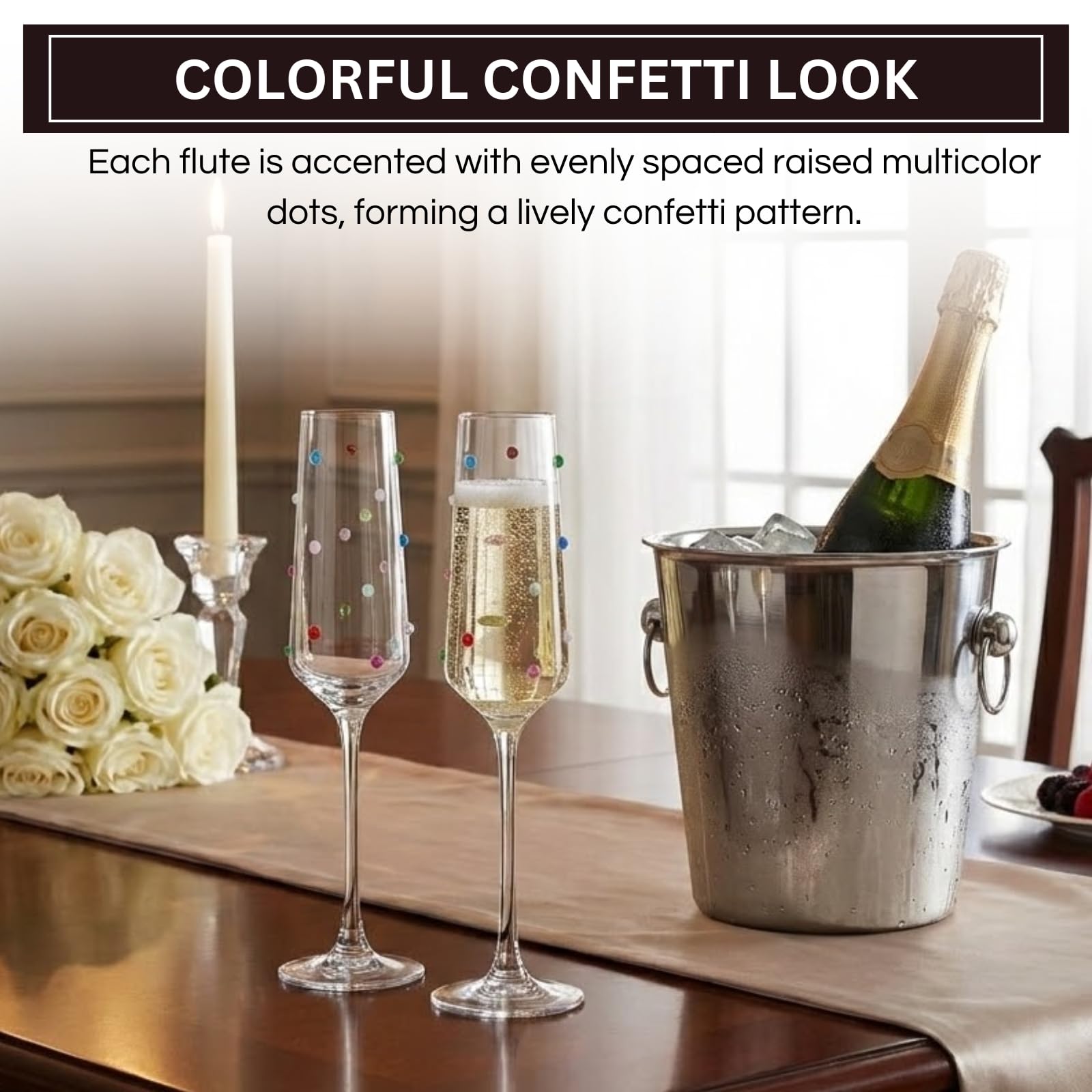 Confetti Champagne Flutes Set of 2, 6.59oz Colorful Clear Glass Stemmed Goblets for Sparkling Wine and Beverages, Elegant Handmade Drinkware Weddings Parties Celebrations Housewarming Gifts-2