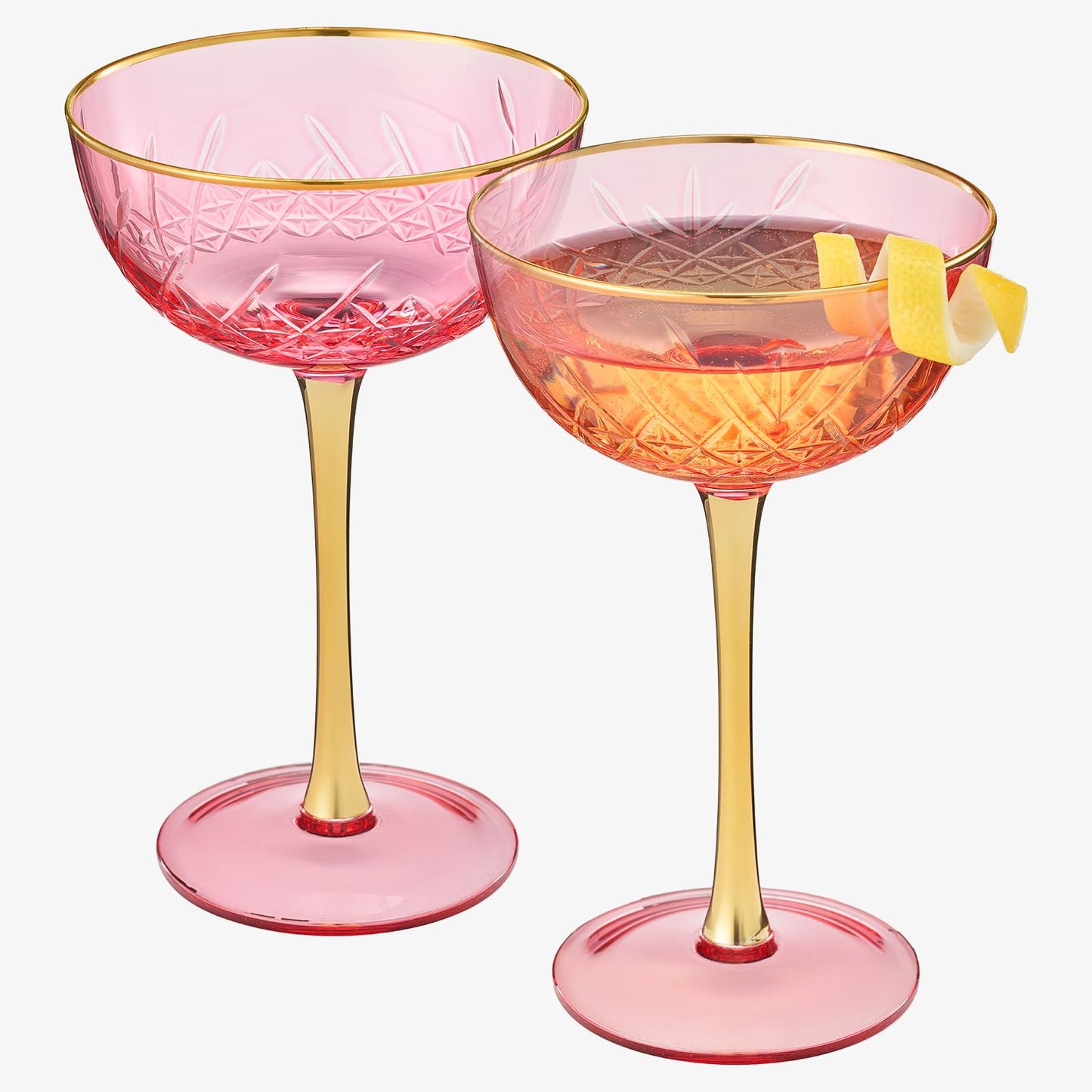 Vintage Art Deco Coupe for Champagne, Martini, Cocktails| Set of 2 | 7 oz Classic Cocktail Glassware - Manhattan, Cosmopolitan, Sidecar, Crystal Speakeasy Style Saucer Goblets with Stems (Pink)-3