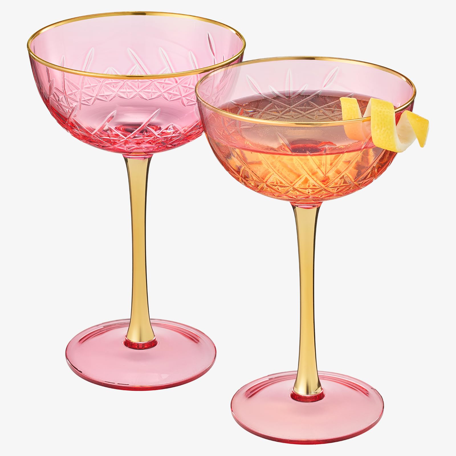 Vintage Art Deco Coupe for Champagne, Martini, Cocktails| Set of 2 | 7 oz Classic Cocktail Glassware - Manhattan, Cosmopolitan, Sidecar, Crystal Speakeasy Style Saucer Goblets with Stems (Pink)-3