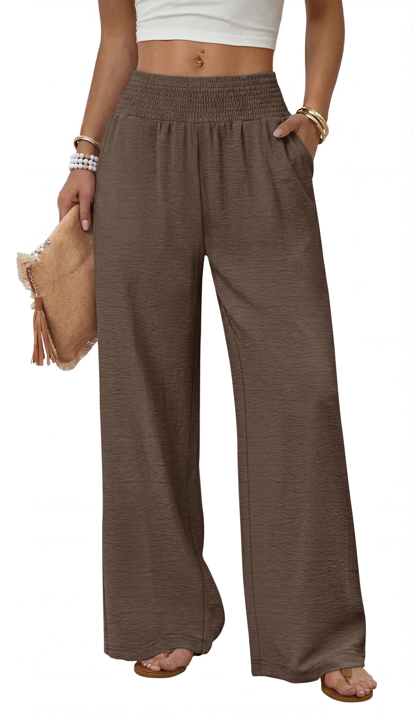 Sampeel Wide Leg Pants Woman High Waist Trousers with Pockets Casual Lounge