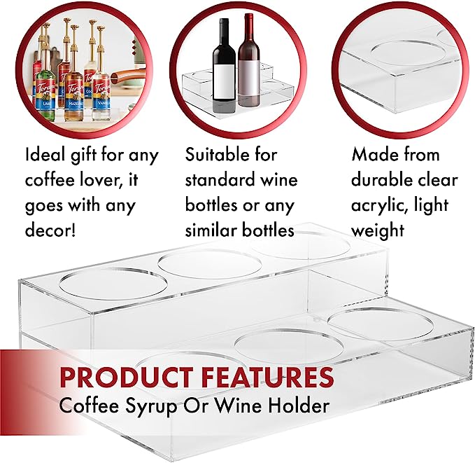 Acrylic Bottle Holder, Coffee Syrup Rack Display Case | 2-Tiered 6 Bottle | Wine Bar Bottle Rack, Clear Shelf Rack for Kitchen, Countertop, Fridge Pantry Storage Organizer - Wine, Soda, Cans, Liquor-3