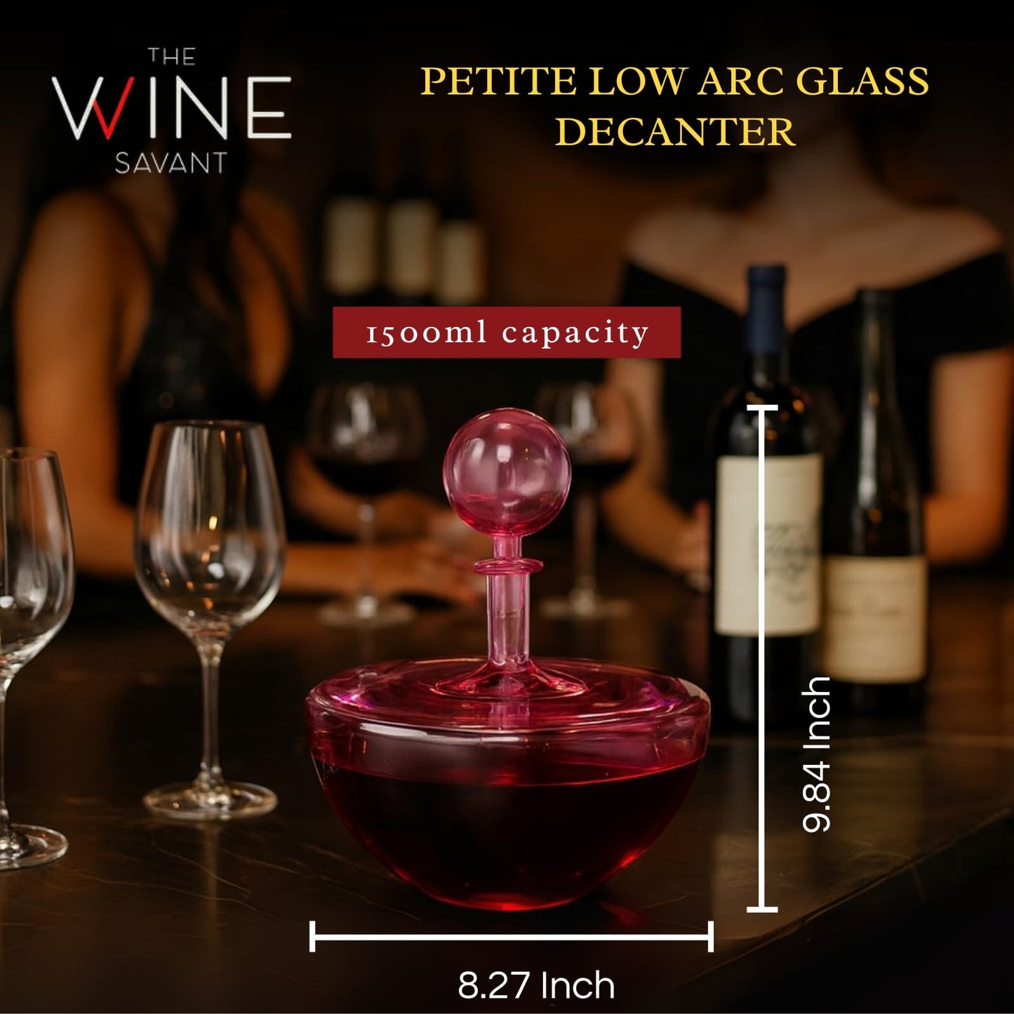Blush Pink Low Arc Glass Decanter Handblown Captain’s Style Carafe, Round Stopper Elegant Art Wine, Spirits Pitcher Sophisticated Modern Centerpiece - Home Bar Dining Wedding or Anniversary Decor Gift-1